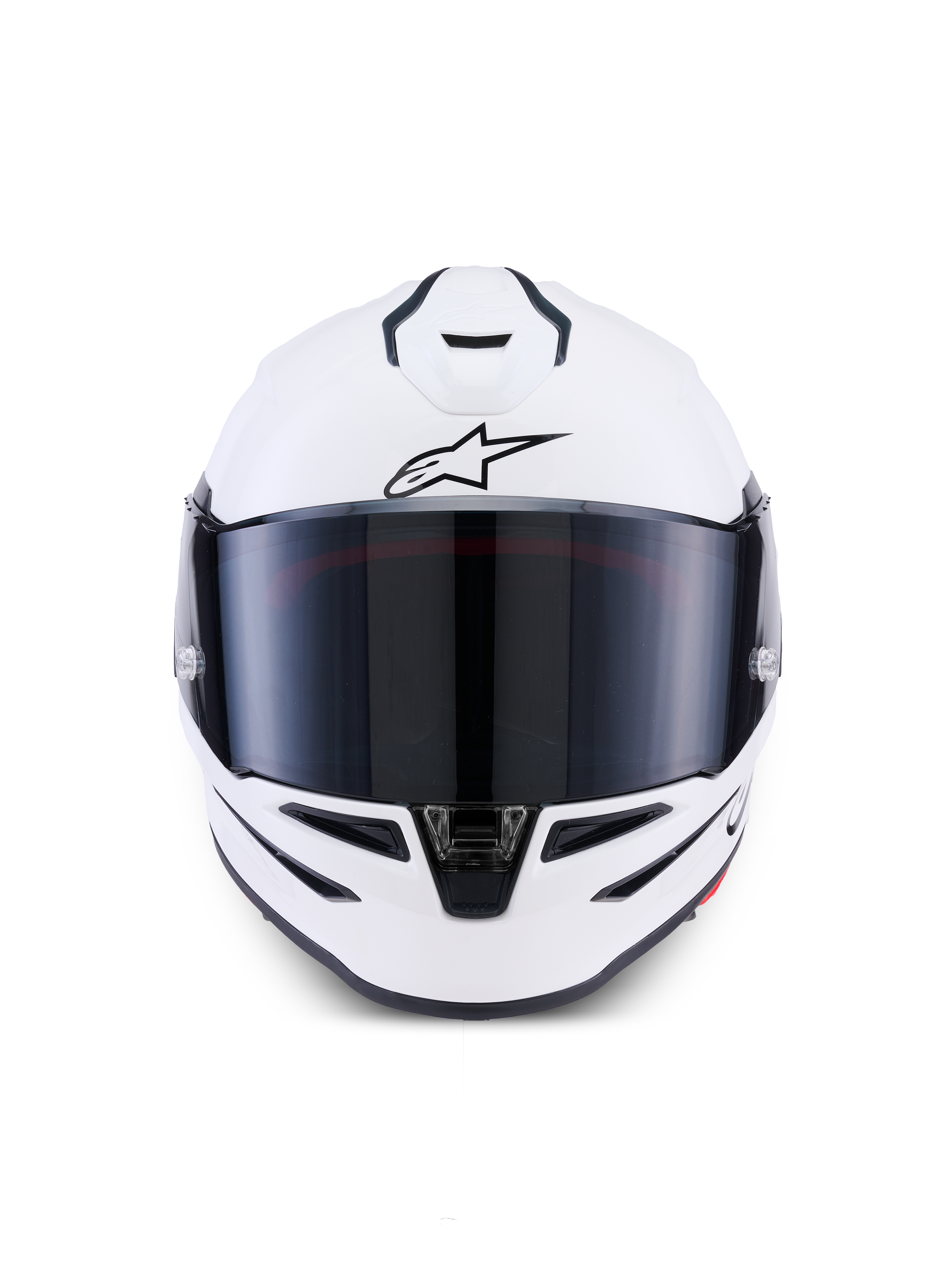 Alpinestars S-R7 Solid Helmet, integralny kask motocyklowy, biały połysk, widok z przodu z ciemnym przyciemnianym wizjerem, aerodynamiczna skorupa ze zintegrowanymi otworami wentylacyjnymi, profesjonalny sprzęt sportowy i wyścigowy
