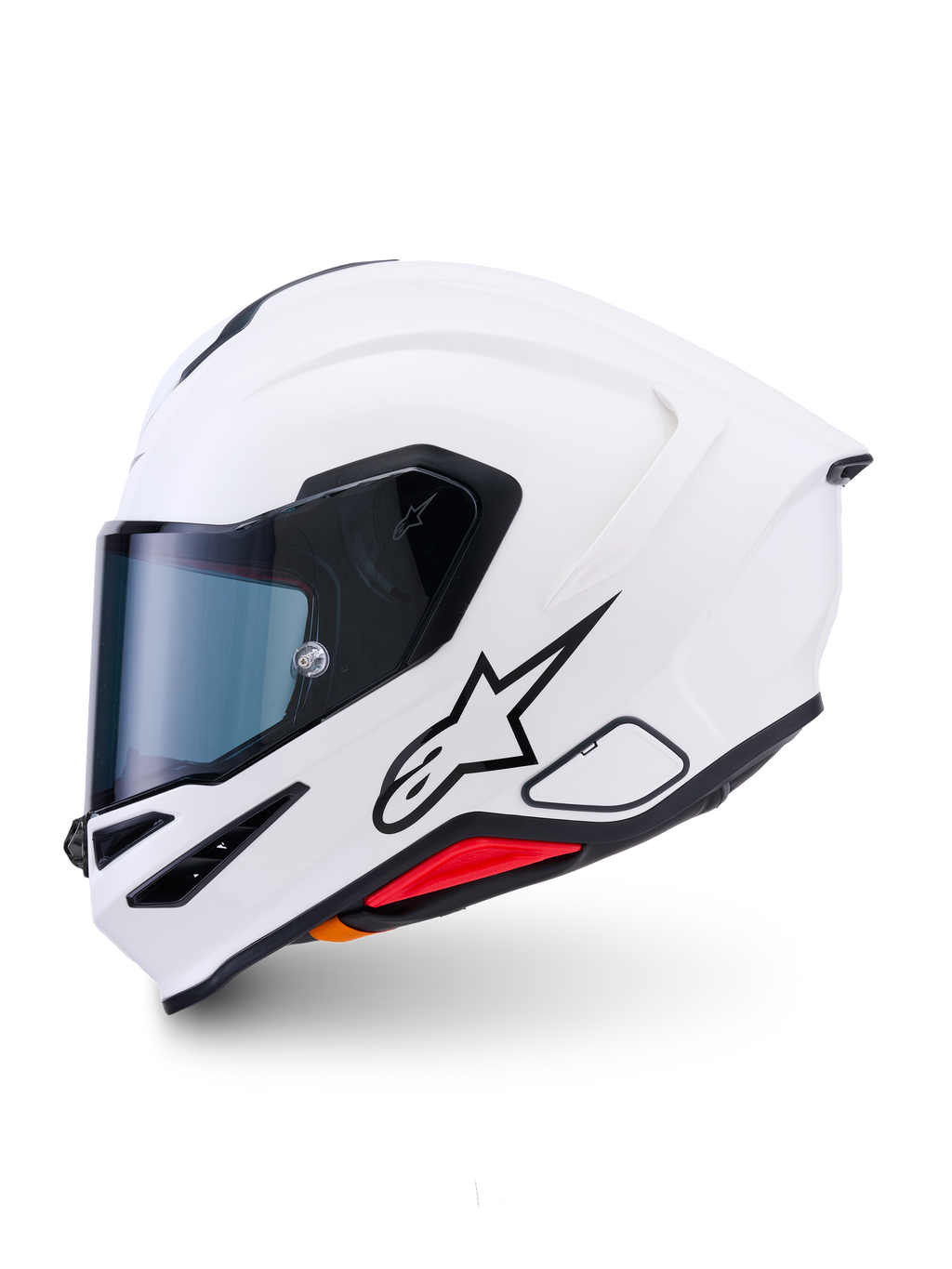 Kask Alpinestars S-R7 Solid, kask motocyklowy integralny, biały połysk, smukła aerodynamiczna skorupa ze zintegrowanym tylnym spojlerem, przezroczysty wizjer i liczne otwory wentylacyjne, wysokowydajny sportowy i wyścigowy sprzęt ochronny