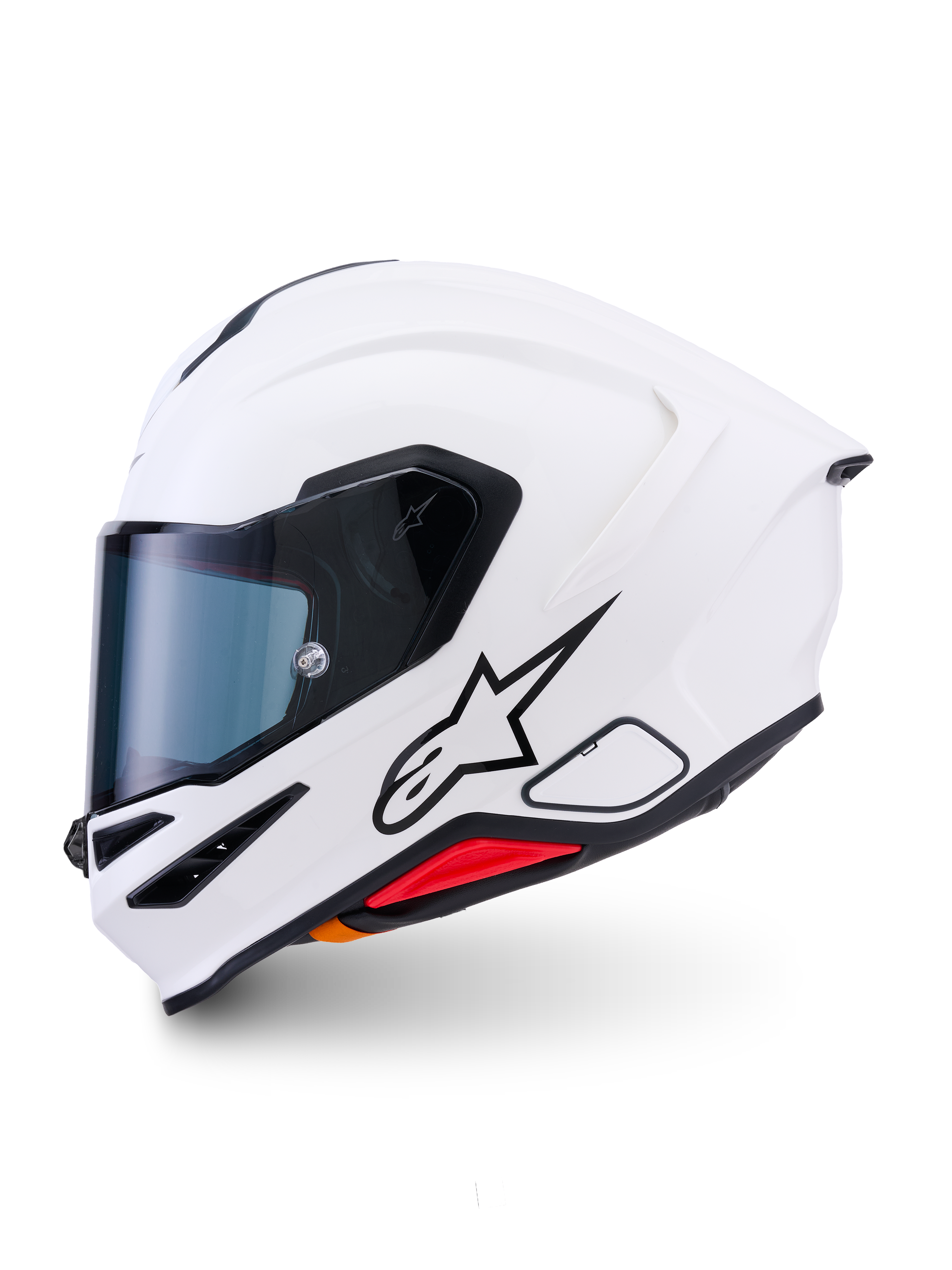 Kask Alpinestars S-R7 Solid, kask motocyklowy integralny, biały połysk, smukła aerodynamiczna skorupa ze zintegrowanym tylnym spojlerem, przezroczysty wizjer i liczne otwory wentylacyjne, wysokowydajny sportowy i wyścigowy sprzęt ochronny