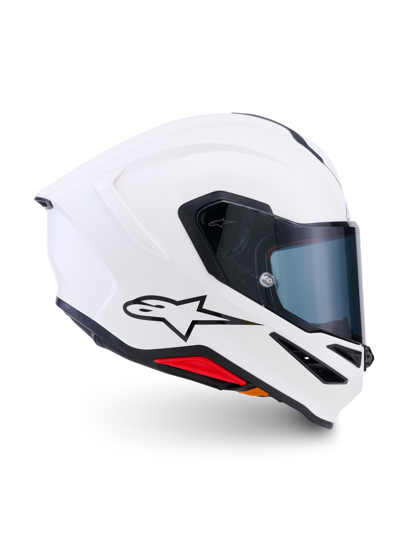 Alpinestars S-R7 Solid ECE 22.06, motocyklowy kask integralny, biały połysk, skorupa z kompozytu węglowego ze zintegrowanym tylnym spojlerem i przezroczystym wizjerem, certyfikat CE do jazdy sportowej i turystycznej