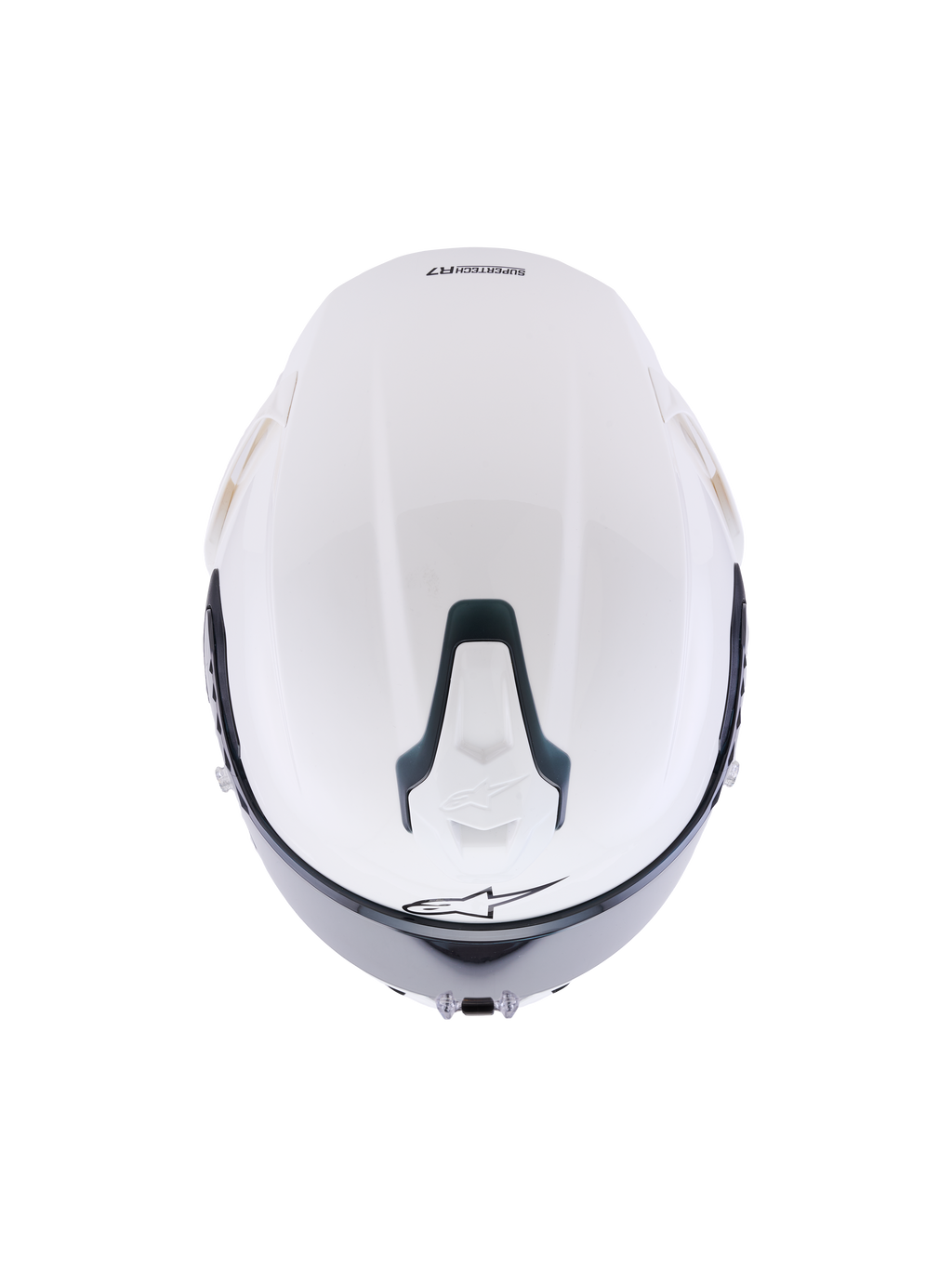 Kask Alpinestars S-R7 Solid, biały błyszczący kask motocyklowy integralny, widok z góry przedstawiający aerodynamiczną skorupę, przesuwny górny wlot wentylacyjny z czarnymi akcentami i charakterystyczne logo gwiazdy, smukły design inspirowany wyścigami zapewniający stabilność przy dużych prędkościach.
