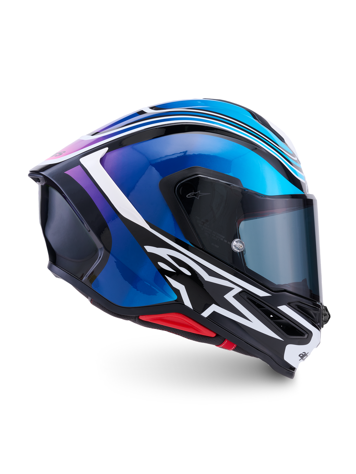 Alpinestars Kask S-R7 Zeal, pełnotwarzowy kask motocyklowy wyścigowy, czarny, niebieski, różowy i biały, konstrukcja kompozytowa z włókna węglowego, certyfikat ECE 22.06, widok z boku pokazujący opływową skorupę i wizjer
