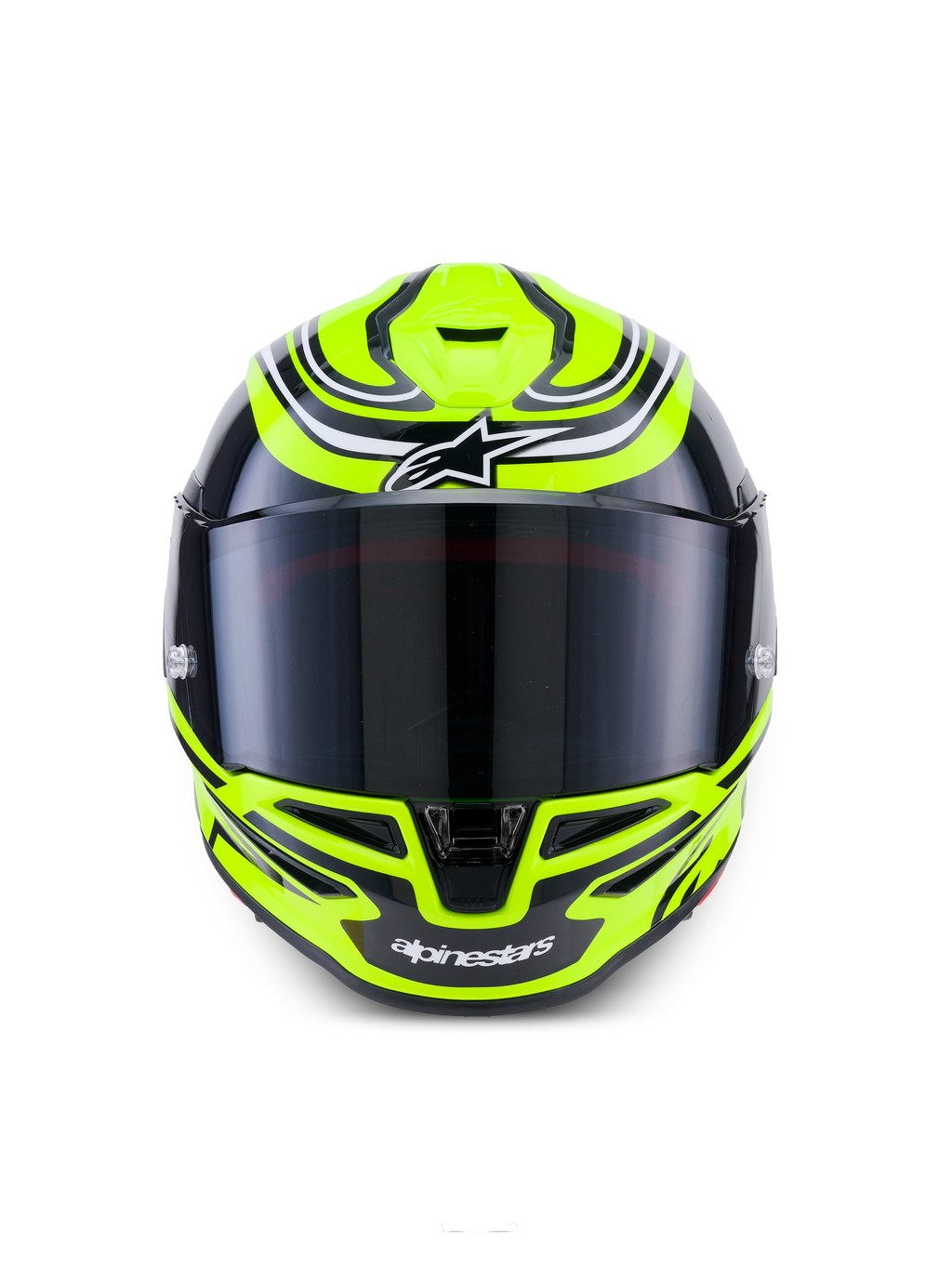 Alpinestars S-R7 Zeal Helmet ECE 22.06, kask motocyklowy integralny szosowy, w kolorach żółty fluor, czarny i biały z błyszczącym wykończeniem, konstrukcja karbonowa i aerodynamiczny wizjer