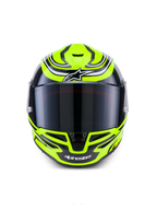 Alpinestars S-R7 Zeal Helmet ECE 22.06, kask motocyklowy integralny szosowy, w kolorach żółty fluor, czarny i biały z błyszczącym wykończeniem, konstrukcja karbonowa i aerodynamiczny wizjer
