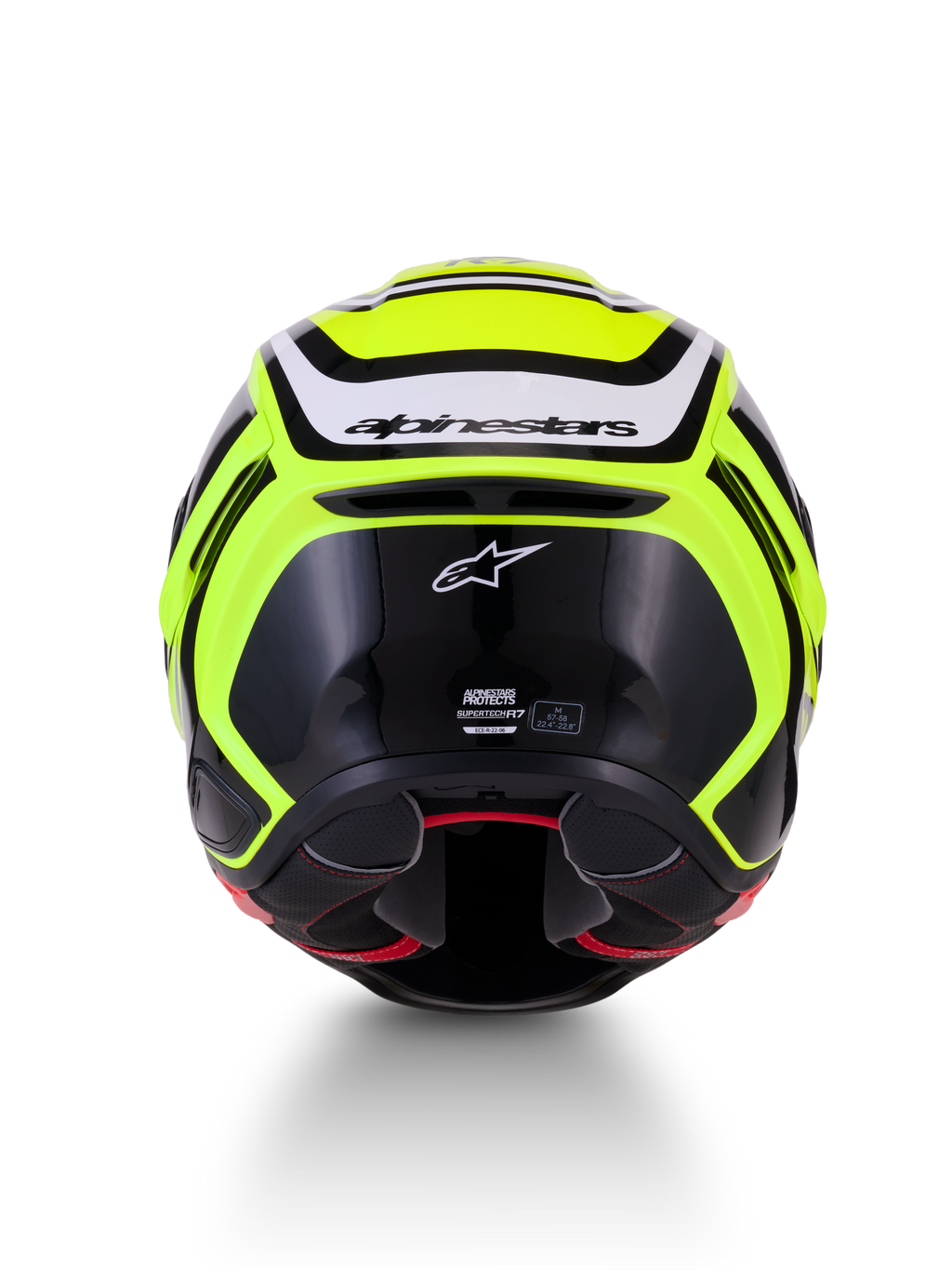 Alpinestars S-R7 Zeal Kask ECE06, kask motocyklowy wyścigowy, żółty fluor, czarny i biały, widok z tyłu przedstawiający konstrukcję z kompozytu węglowego i branding Alpinestars