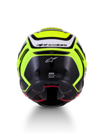 Alpinestars S-R7 Zeal Kask ECE06, kask motocyklowy wyścigowy, żółty fluor, czarny i biały, widok z tyłu przedstawiający konstrukcję z kompozytu węglowego i branding Alpinestars