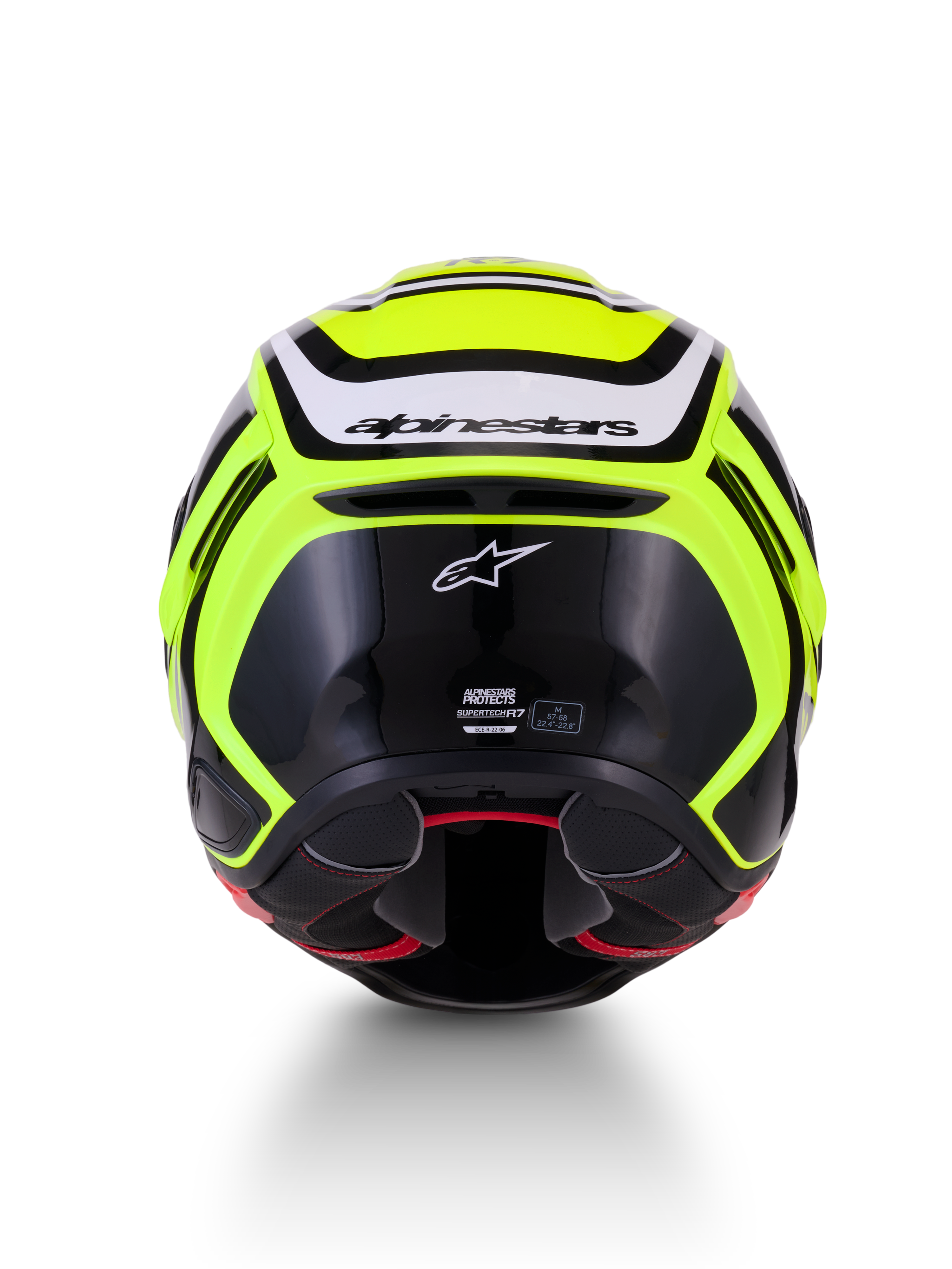 Alpinestars S-R7 Zeal Kask ECE06, kask motocyklowy wyścigowy, żółty fluor, czarny i biały, widok z tyłu przedstawiający konstrukcję z kompozytu węglowego i branding Alpinestars