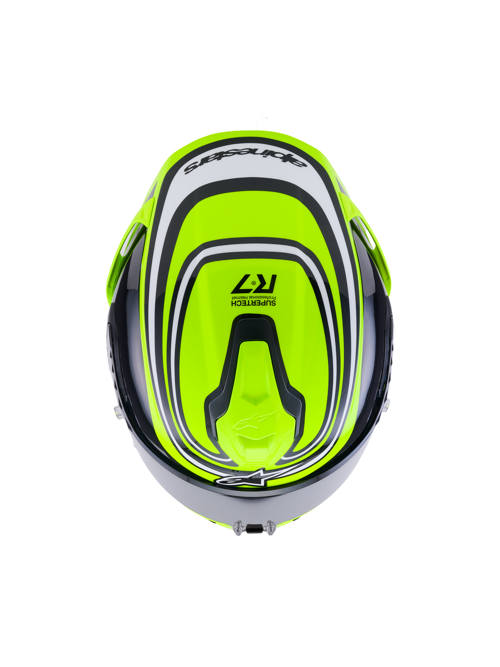 Alpinestars S-R7 Zeal Kask ECE 06, kask motocyklowy integralny szosowy w kolorach żółtym fluo, czarnym i białym, widok z góry przedstawiający aerodynamiczną konstrukcję i detale z brandingiem