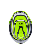 Alpinestars S-R7 Zeal Kask ECE 06, kask motocyklowy integralny szosowy w kolorach żółtym fluo, czarnym i białym, widok z góry przedstawiający aerodynamiczną konstrukcję i detale z brandingiem