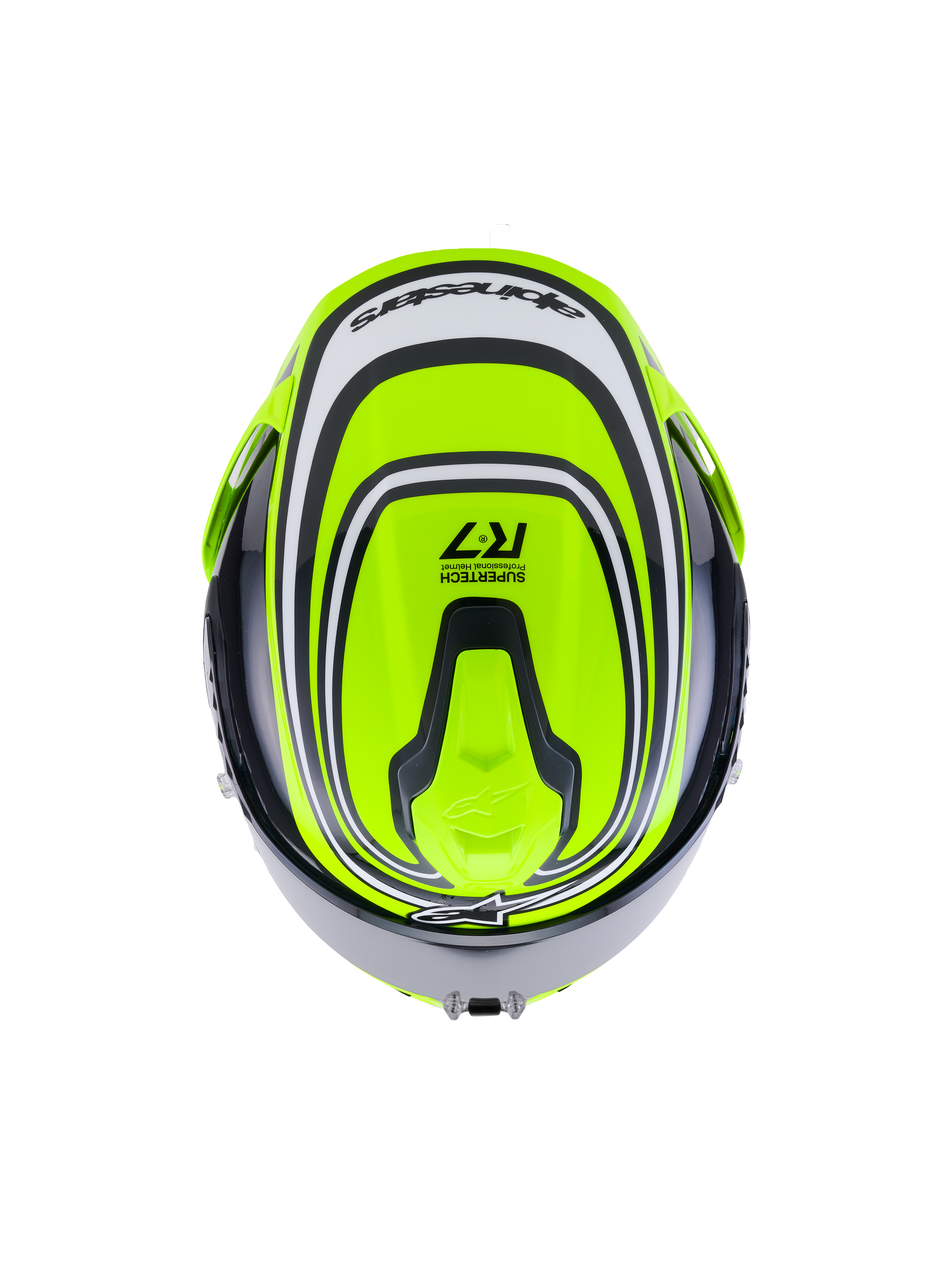 Alpinestars S-R7 Zeal Kask ECE 06, kask motocyklowy integralny szosowy w kolorach żółtym fluo, czarnym i białym, widok z góry przedstawiający aerodynamiczną konstrukcję i detale z brandingiem