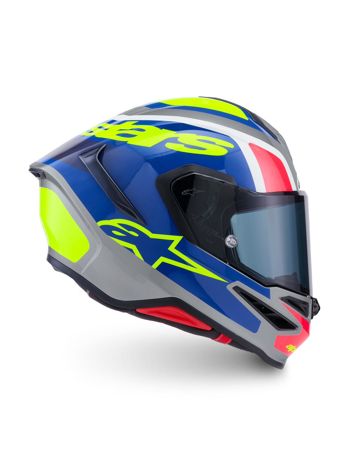 Alpinestars S-R7 Lumen Helmet ECE 22.06, full face motorcycle racing helmet, Silver, Blue, Pink, and Yellow Glossy, featuring carbon composite construction and optical class 1 shield