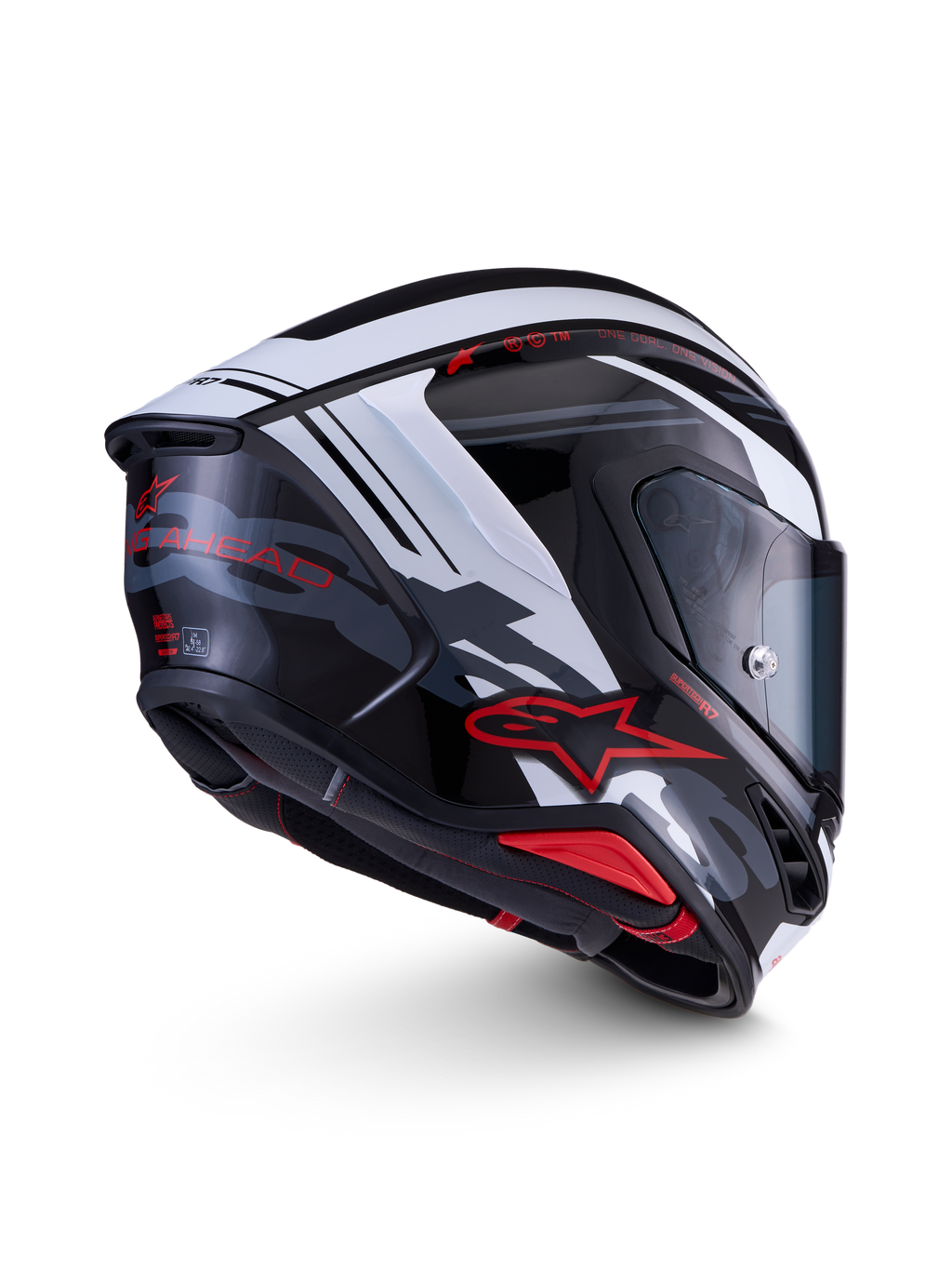 Alpinestars S-R7 A-Core Helmet, full face motorcycle racing helmet, Black White and Red Glossy, ECE 22.06 certified carbon composite construction with advanced aerodynamics
