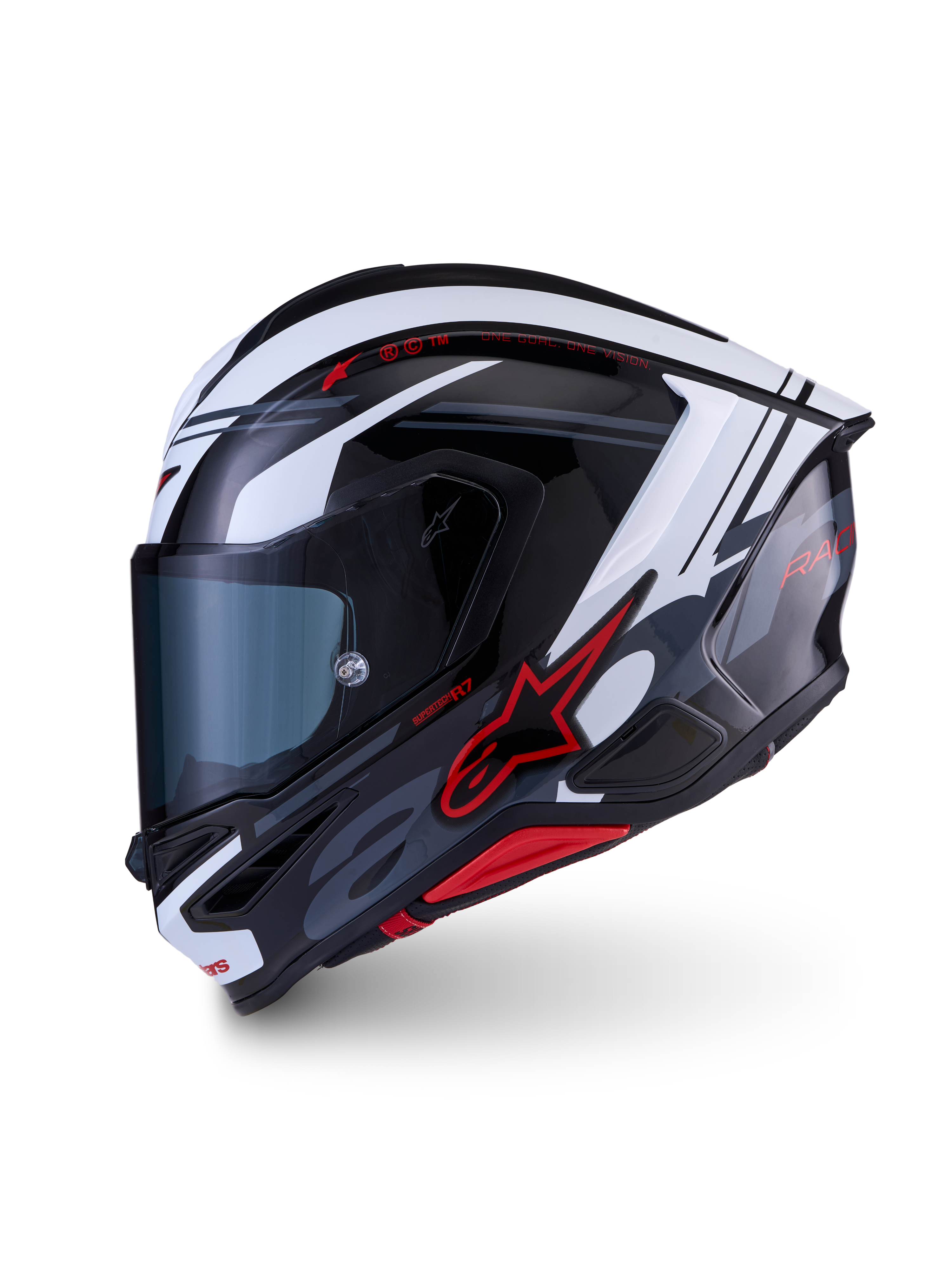Alpinestars S-R7 A-Core Helmet ECE 22.06, motorcycle road racing full-face helmet in Black, White, and Red Glossy, carbon composite construction