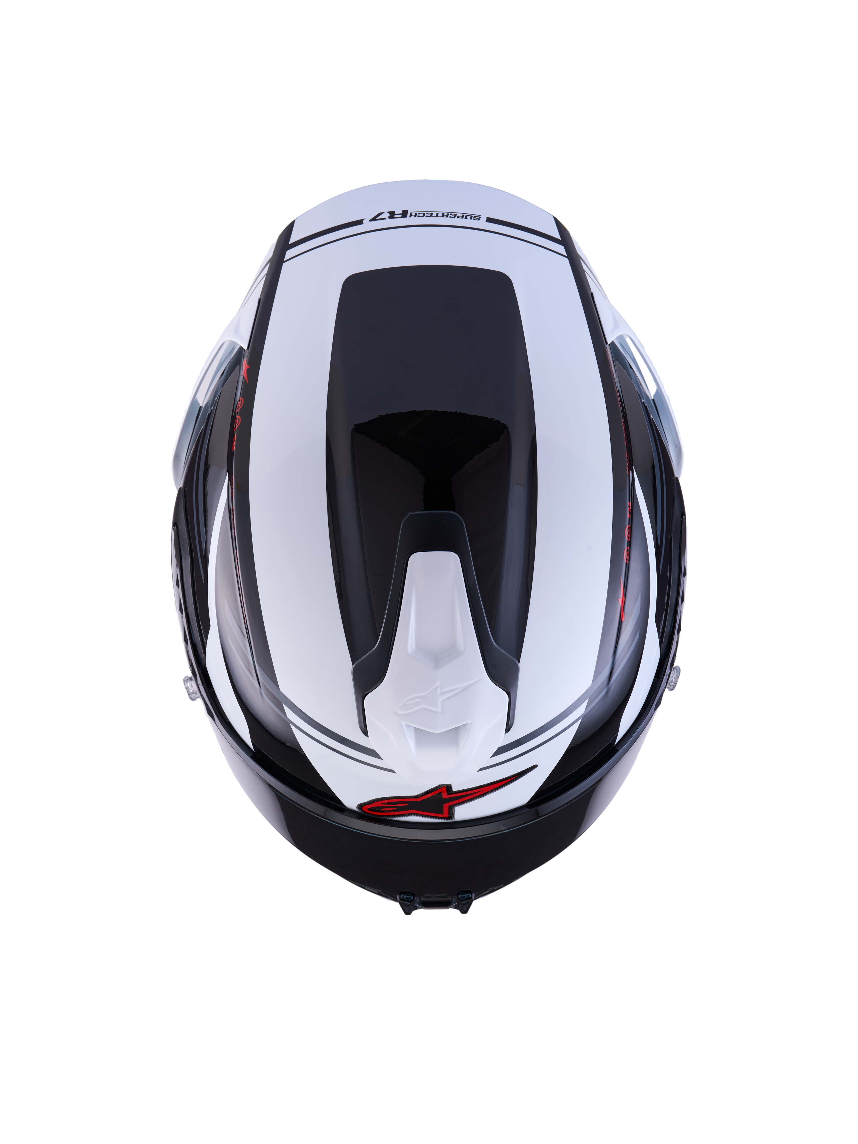 Alpinestars S-R7 A-Core Helmet ECE 22.06, top view of the racing and sport road motorcycle helmet in Black, White, and Red Glossy finish, carbon composite construction, featuring aerodynamic profile and ventilation details