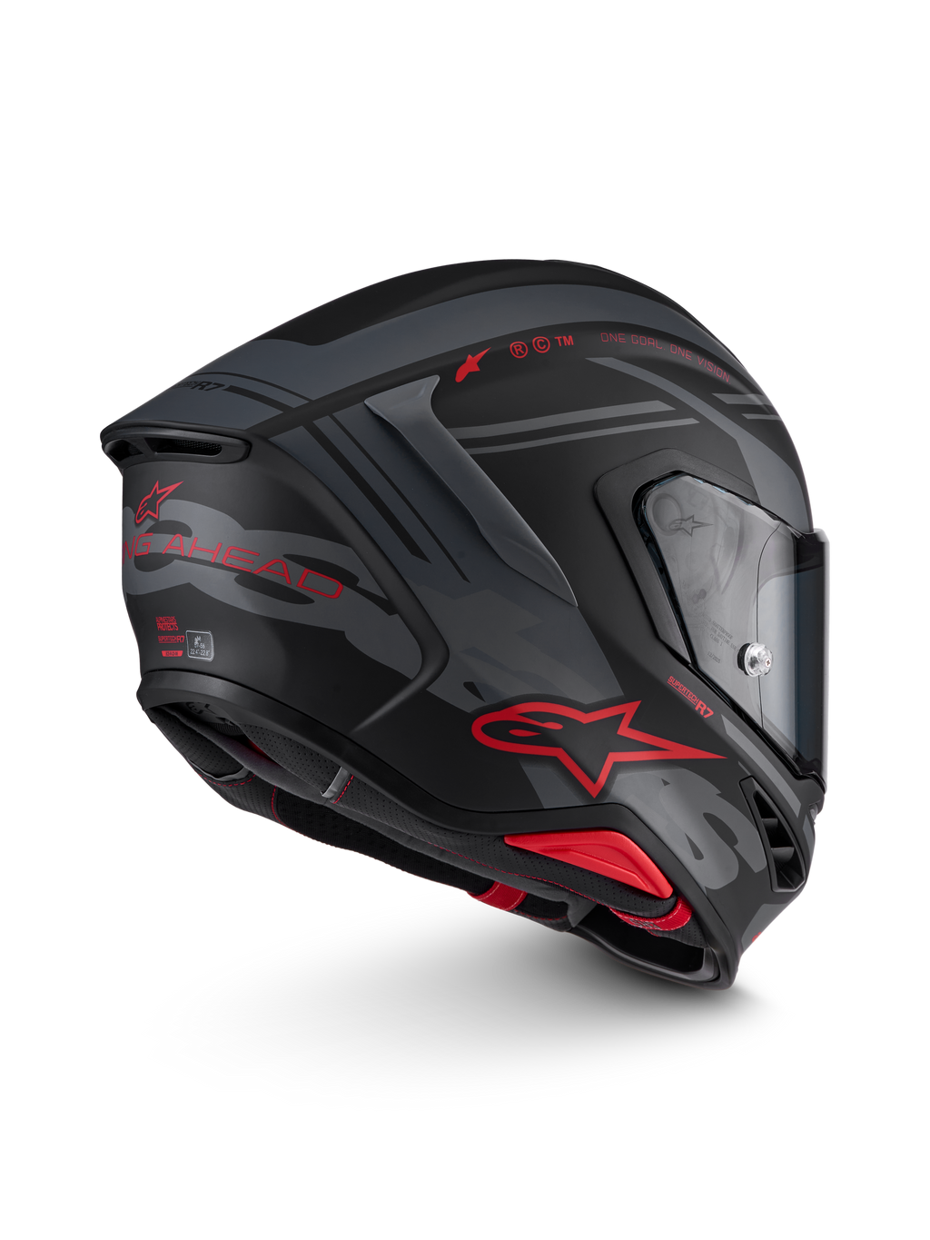 Alpinestars S-R7 A-Core Helmet, full-face motorcycle road racing helmet in Black, Gray, and Red Matt with carbon composite construction, side view showing aerodynamics and visor
