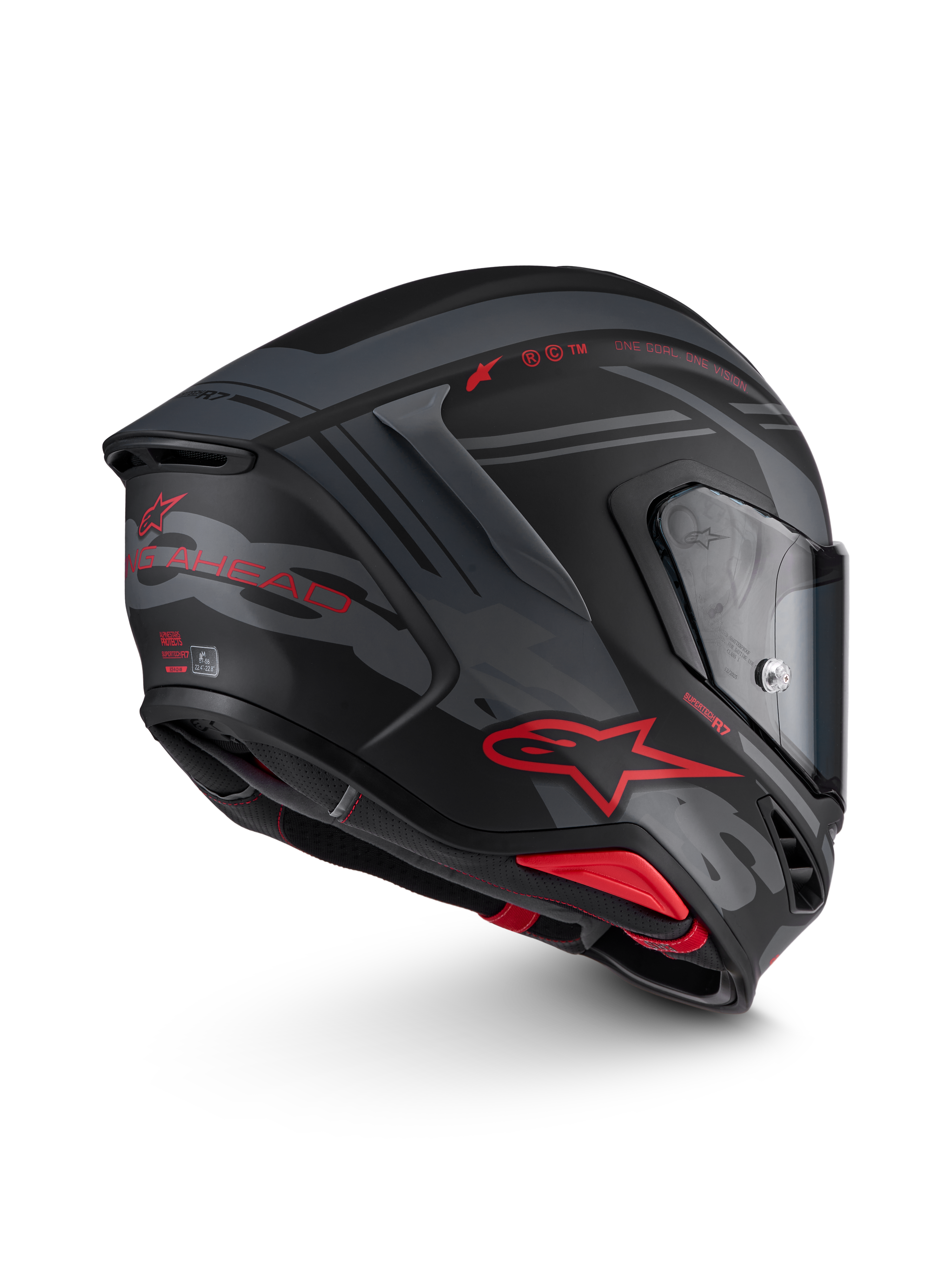 Alpinestars S-R7 A-Core Helmet, full-face motorcycle road racing helmet in Black, Gray, and Red Matt with carbon composite construction, side view showing aerodynamics and visor