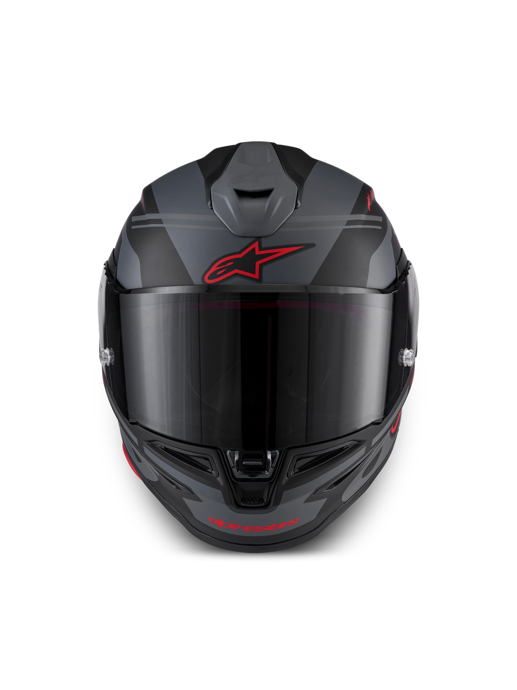 Alpinestars S-R7 A-Core Helmet ECE 22.06, full face motorcycle racing helmet, Black, Gray, and Red, front view featuring aerodynamic ventilation and clear visor