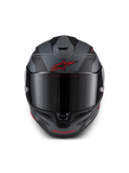 Alpinestars S-R7 A-Core Helmet ECE 22.06, full face motorcycle racing helmet, Black, Gray, and Red, front view featuring aerodynamic ventilation and clear visor