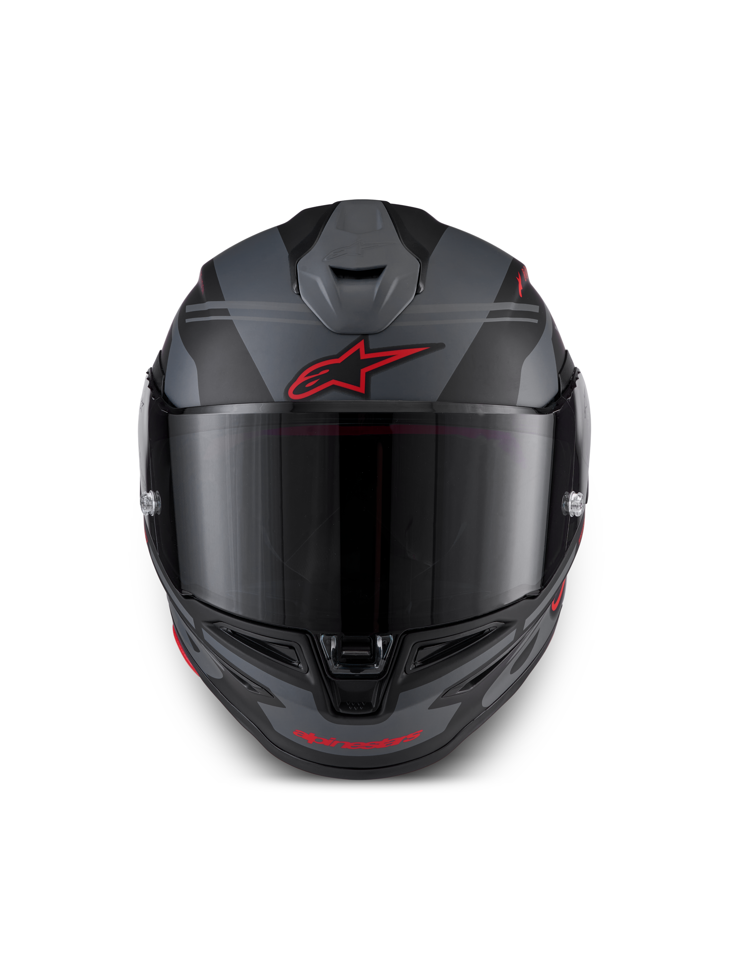Alpinestars S-R7 A-Core Helmet ECE 22.06, full face motorcycle racing helmet, Black, Gray, and Red, front view featuring aerodynamic ventilation and clear visor