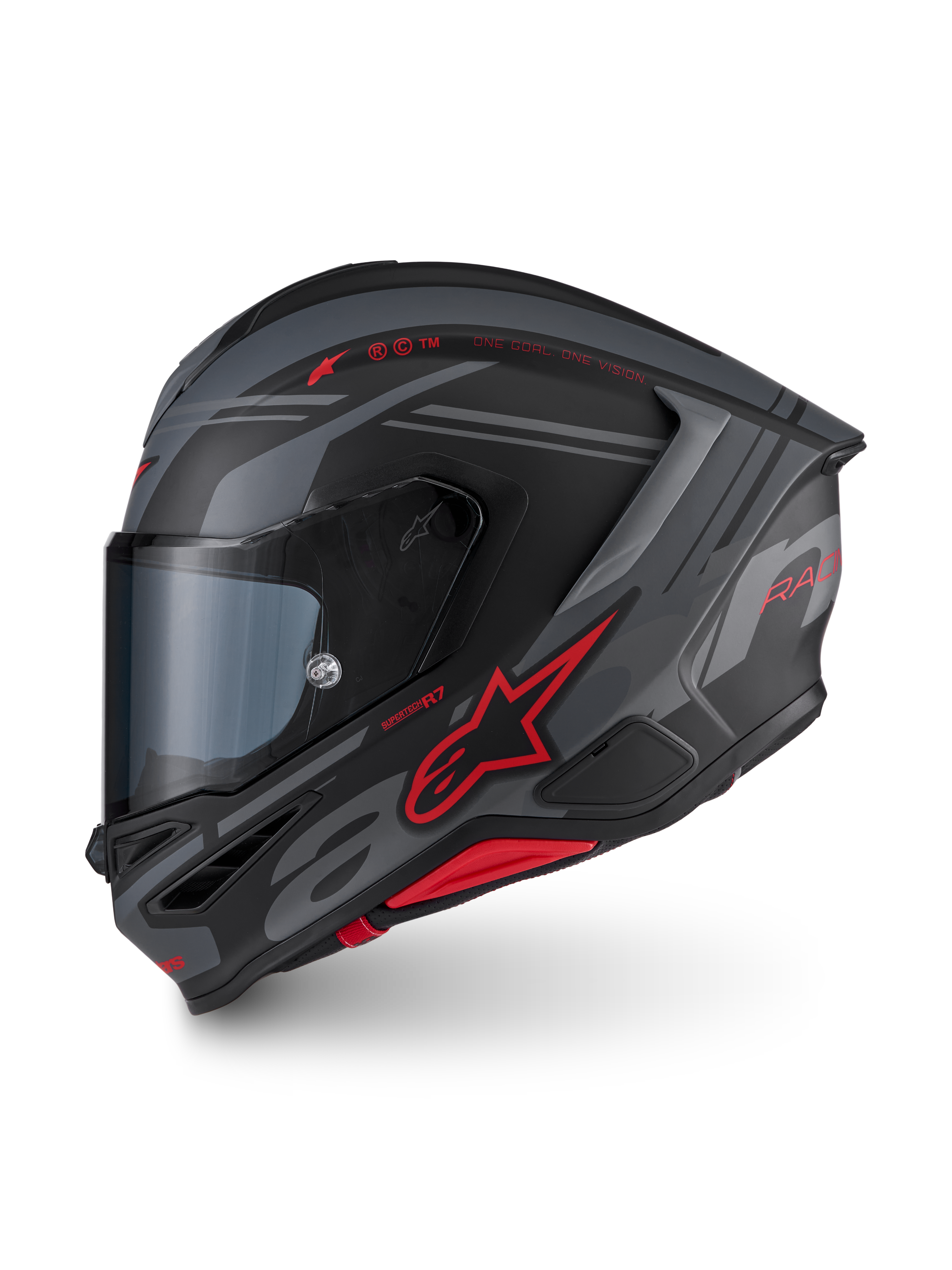 Alpinestars S-R7 A-Core Helmet ECE 22.06, full face motorcycle road helmet in matte black, gray, and red with aerodynamic design and branding details
