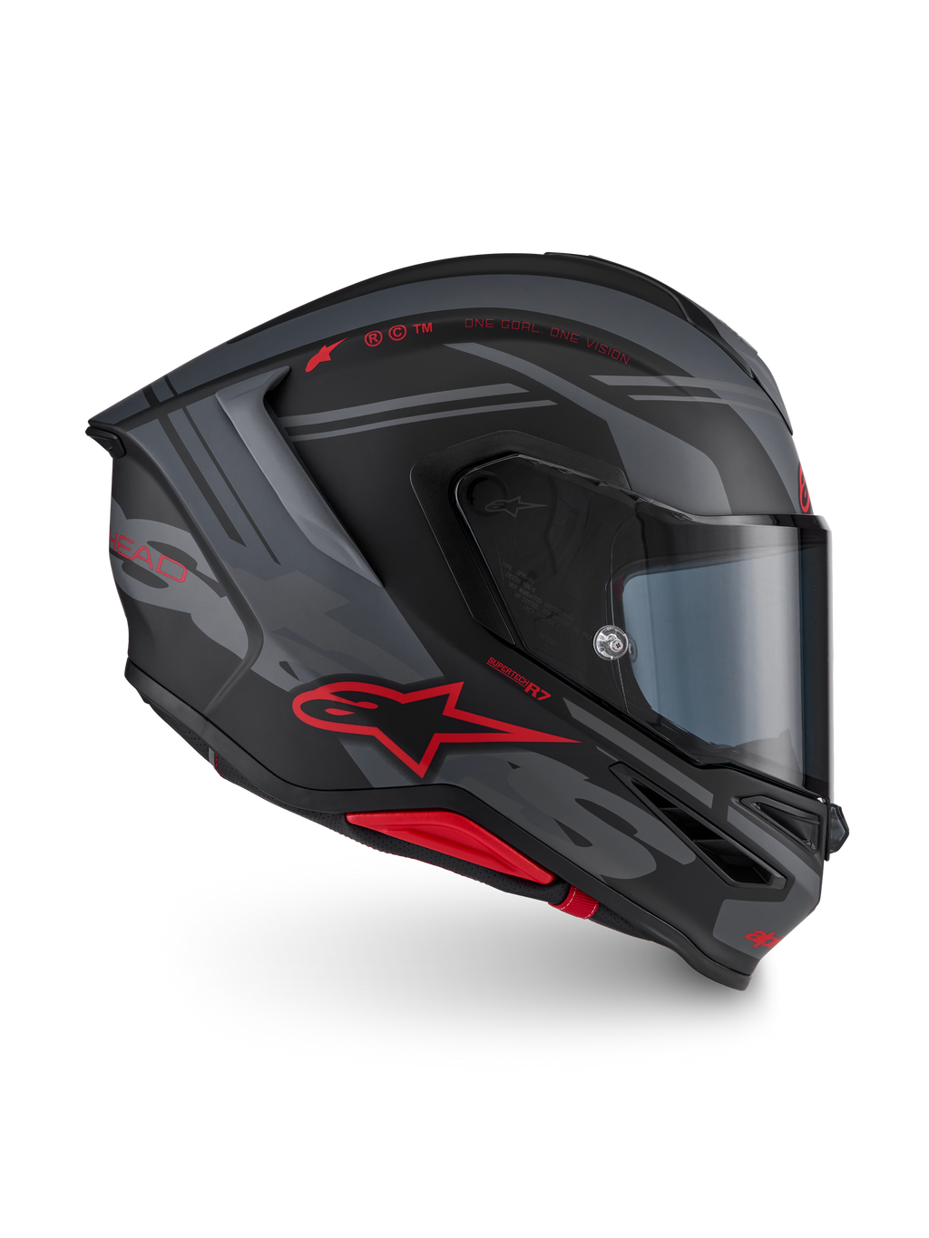 Alpinestars S-R7 A-Core Helmet ECE 22.06, full face motorcycle racing helmet, Black Gray and Red Matt, carbon construction with aerodynamic profile and red Alpinestars branding
