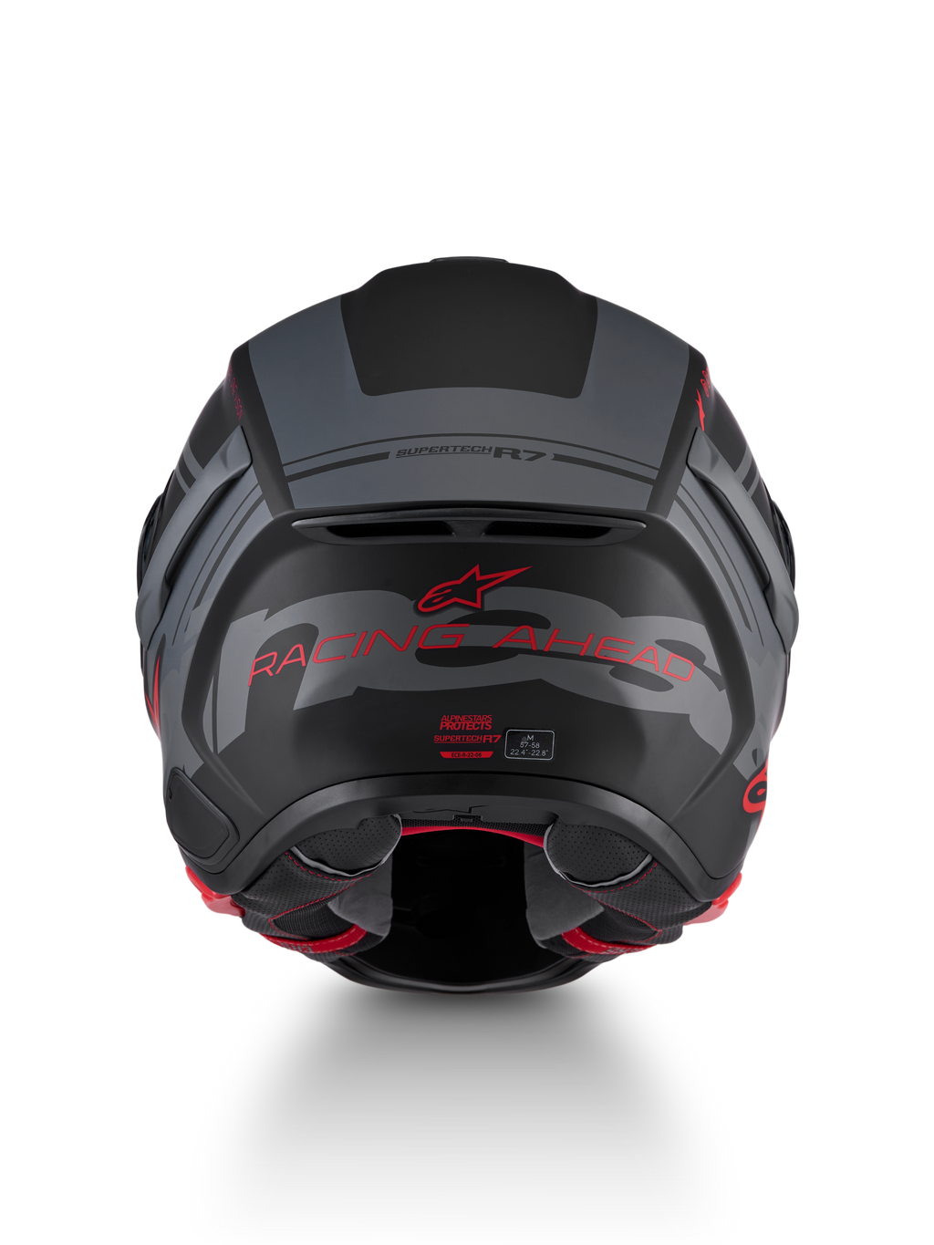Alpinestars S-R7 A-Core Helmet ECE 22.06, motorcycle road racing helmet, rear view showing black, gray, and red matt color scheme with branding details