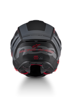Alpinestars S-R7 A-Core Helmet ECE 22.06, motorcycle road racing helmet, rear view showing black, gray, and red matt color scheme with branding details