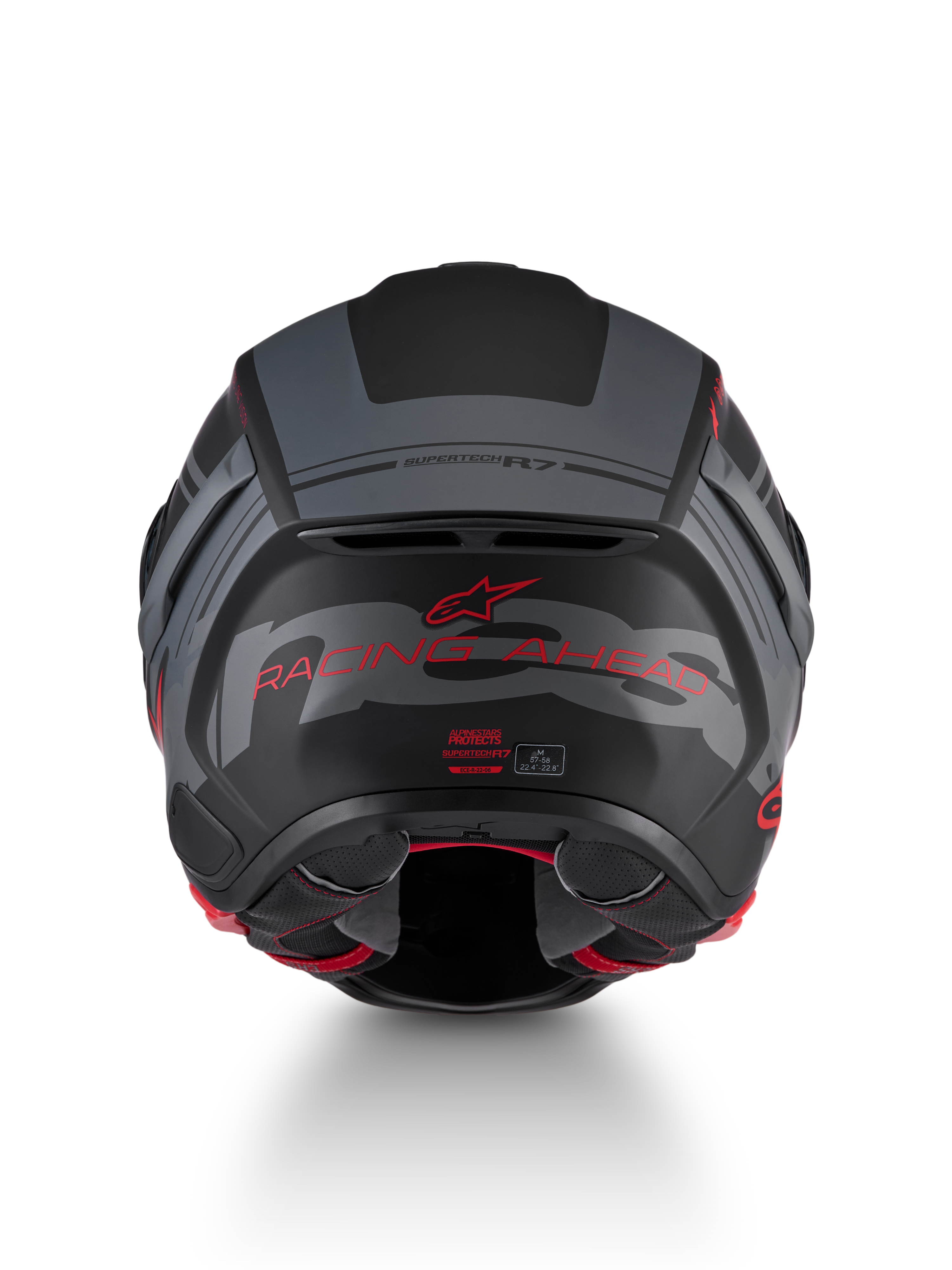 Alpinestars S-R7 A-Core Helmet ECE 22.06, motorcycle road racing helmet, rear view showing black, gray, and red matt color scheme with branding details
