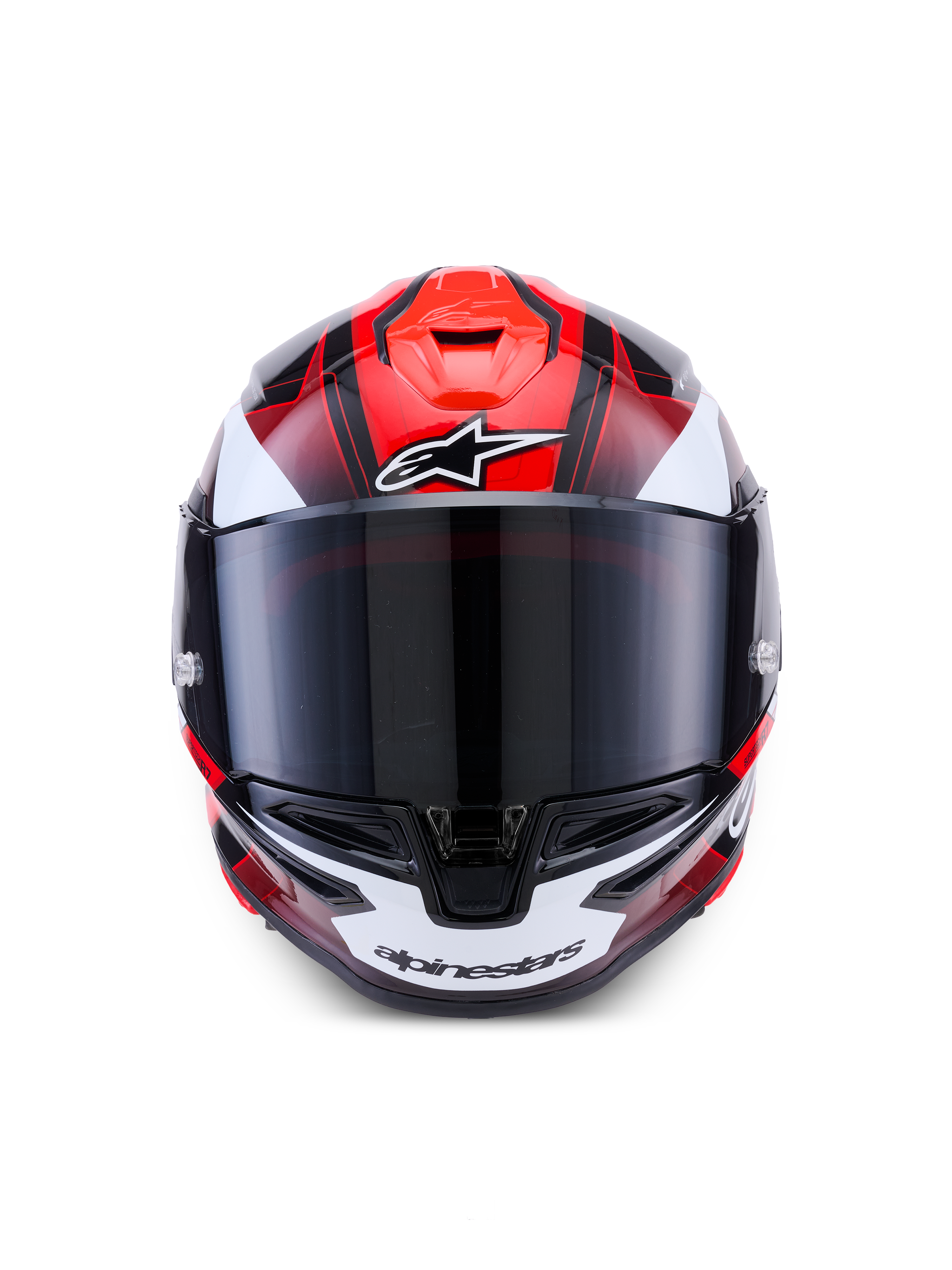 Alpinestars S-R7 Kinetis Helmet, full-face road racing motorcycle helmet, Black, Red and White glossy finish, front view showing visor and ventilation features