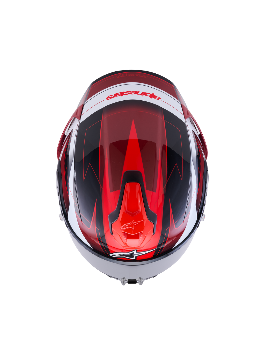 Alpinestars S-R7 Kinetis Helmet, full-face road racing helmet, Black, Red, and White glossy finish, top-down view showing aerodynamic design and carbon composite construction