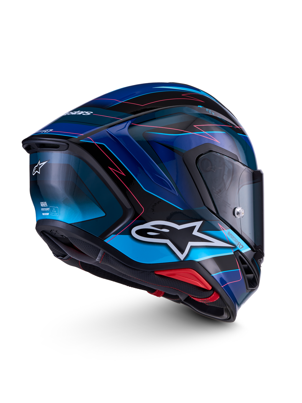 Alpinestars S-R7 Kinetis ECE 22.06, kask motocyklowy szosowy, czarny, niebieski i różowy fluo z białymi detalami, konstrukcja z kompozytu węglowego, wykończenie z połyskiem