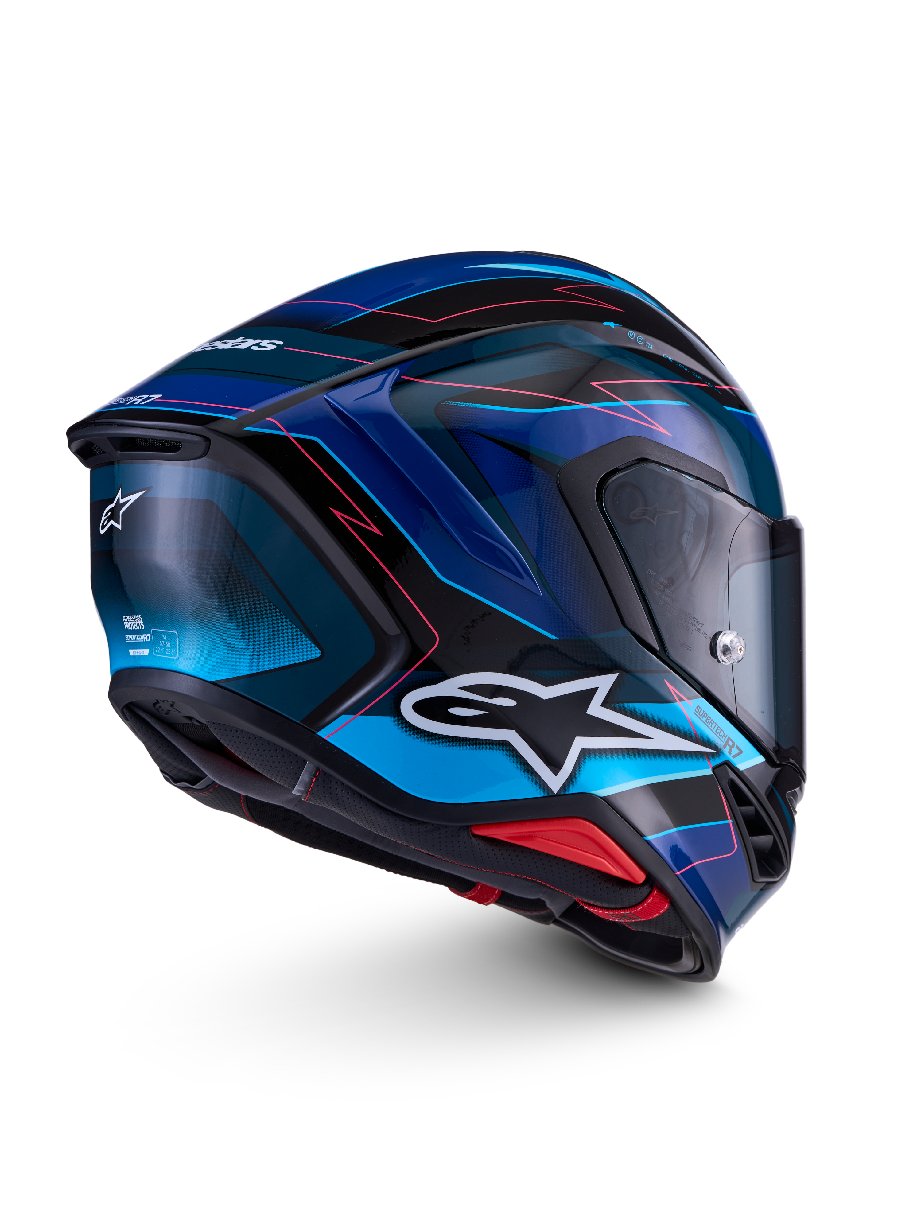 Alpinestars S-R7 Kinetis ECE 22.06, kask motocyklowy szosowy, czarny, niebieski i różowy fluo z białymi detalami, konstrukcja z kompozytu węglowego, wykończenie z połyskiem