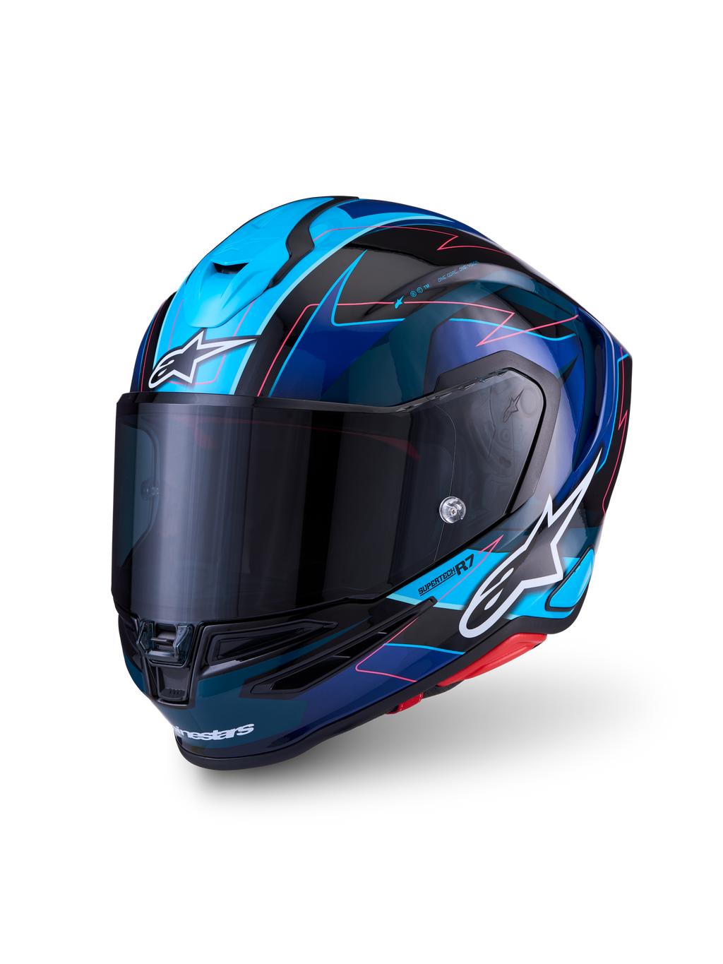 Alpinestars S-R7 Kinetis Helmet, kask motocyklowy szosowy wyścigowy, czarny, niebieski, różowy fluo i biały, konstrukcja z kompozytu węglowego, homologacja ECE 22.06