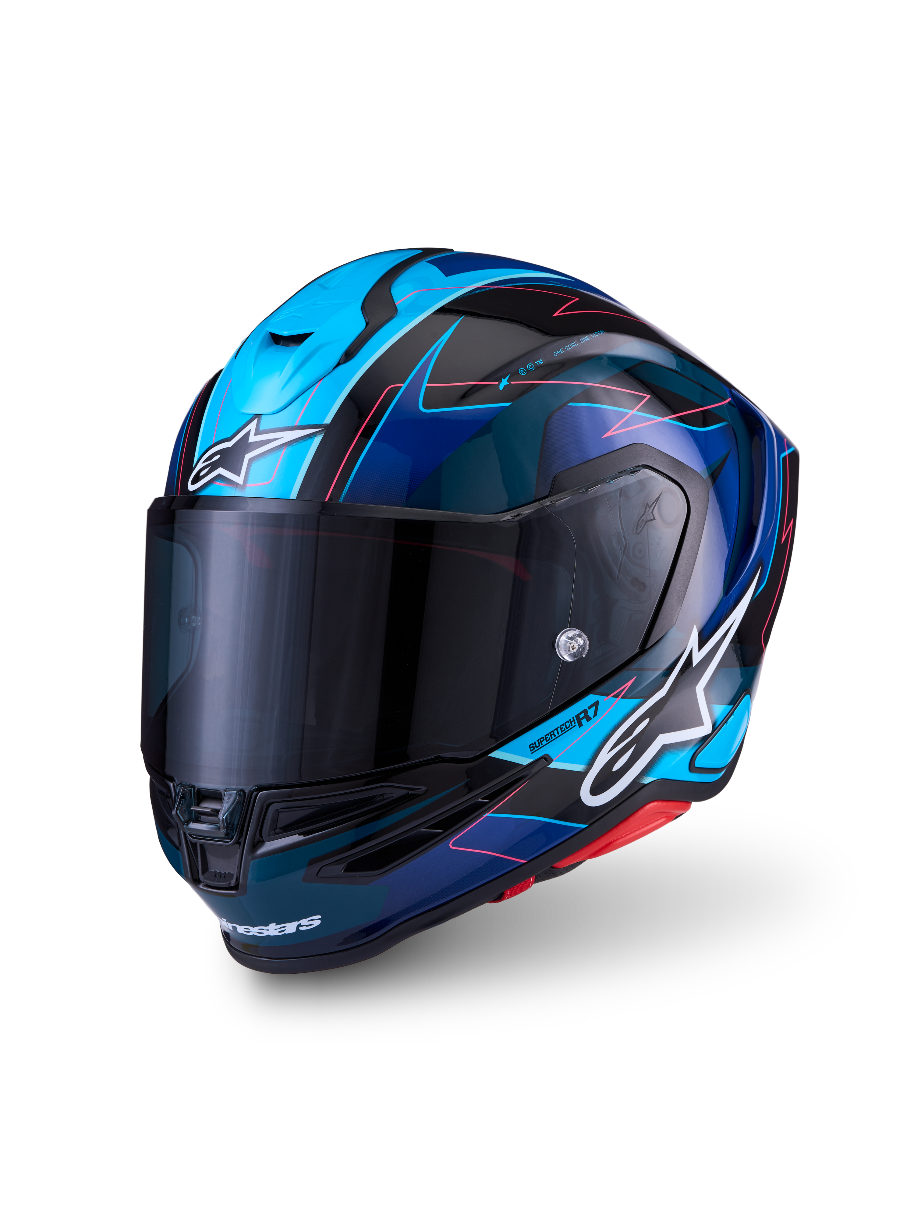 Alpinestars S-R7 Kinetis Helmet, kask motocyklowy szosowy wyścigowy, czarny, niebieski, różowy fluo i biały, konstrukcja z kompozytu węglowego, homologacja ECE 22.06