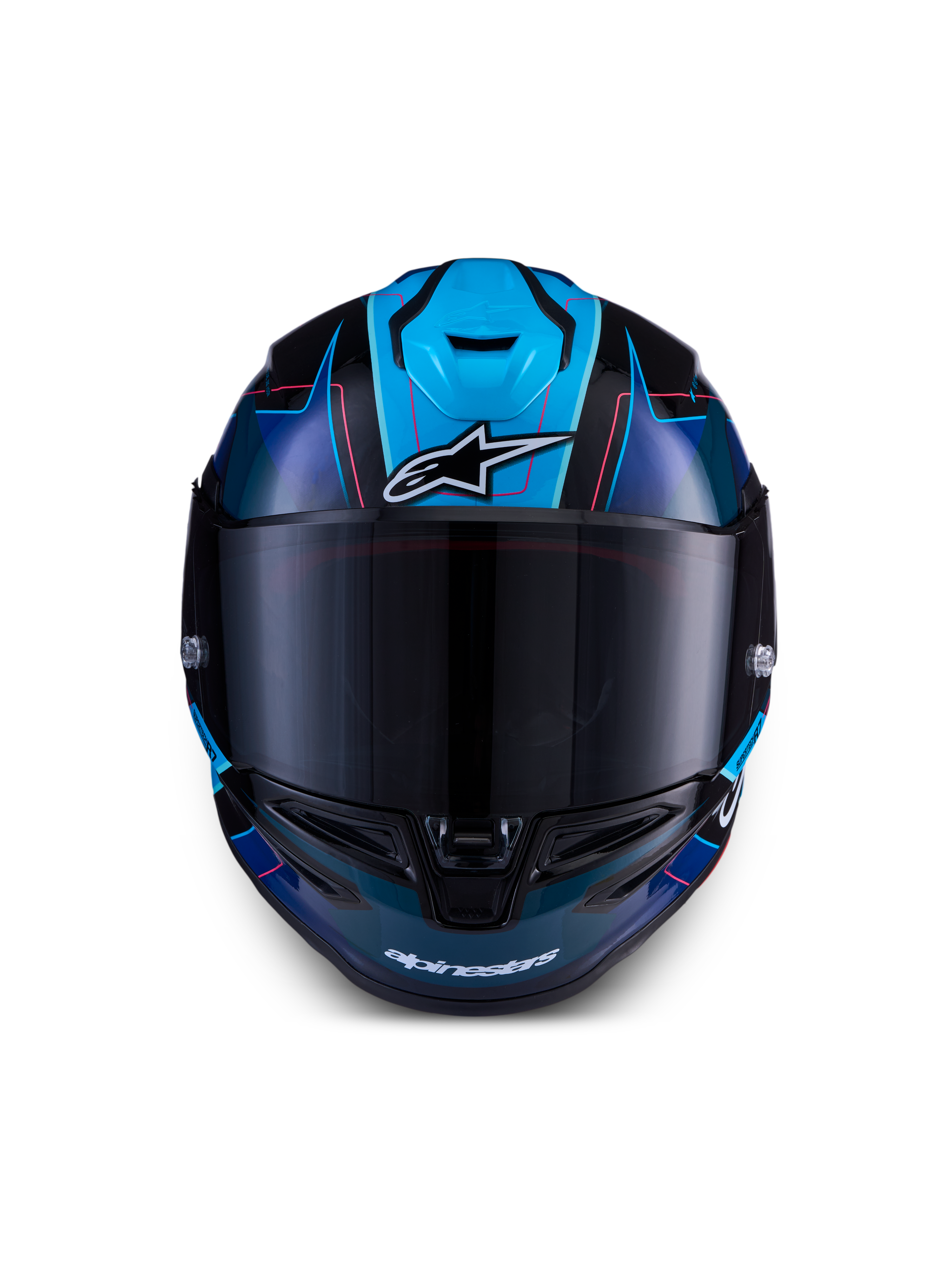 Alpinestars S-R7 Kinetis Helmet ECE 22.06, kask motocyklowy wyścigowy, czarny, niebieski i różowy, konstrukcja z kompozytu węglowego