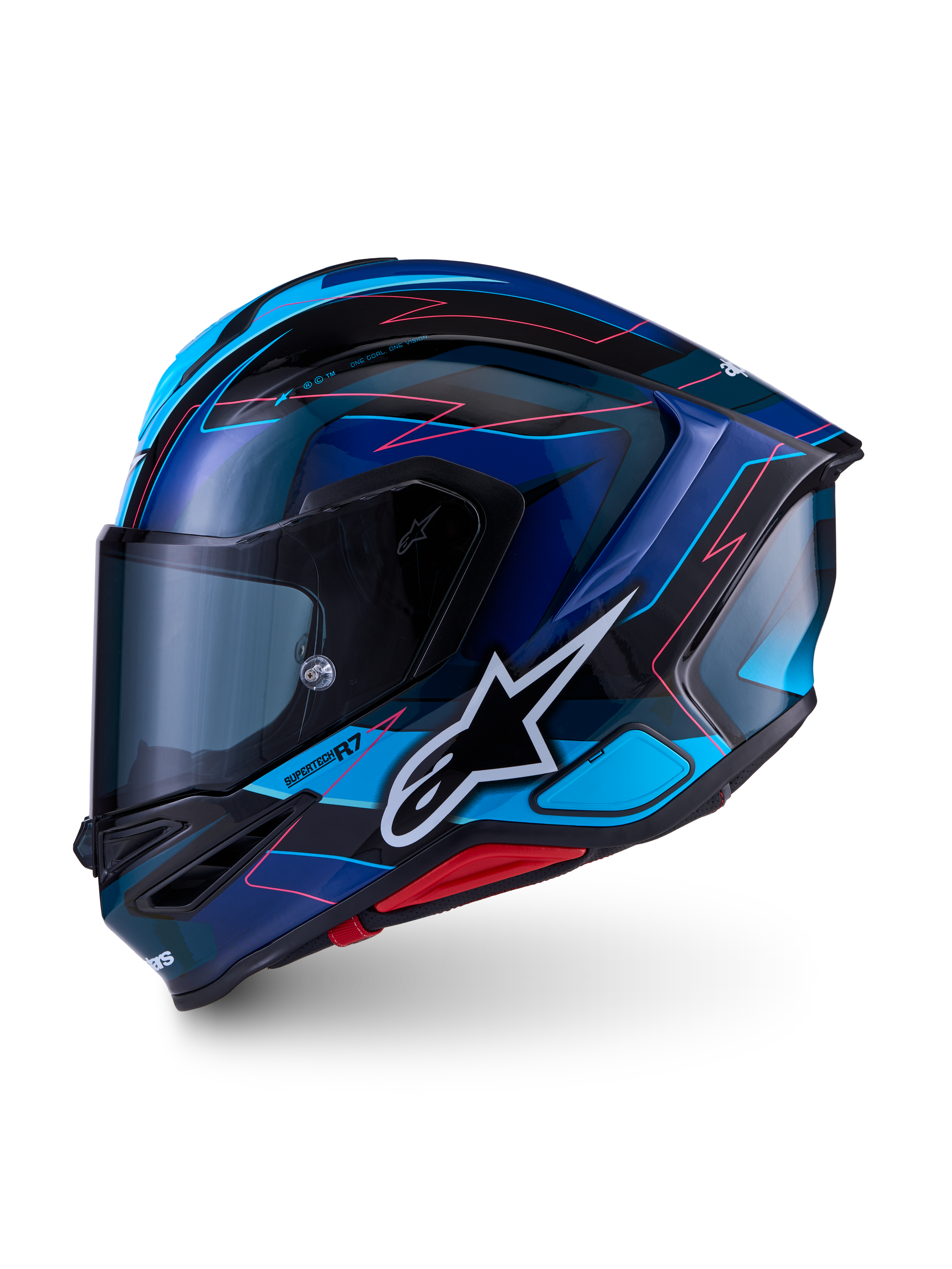 Alpinestars S-R7 Kinetis, kask motocyklowy integralny, czarny, niebieski, różowy i biały, konstrukcja z kompozytu węglowego