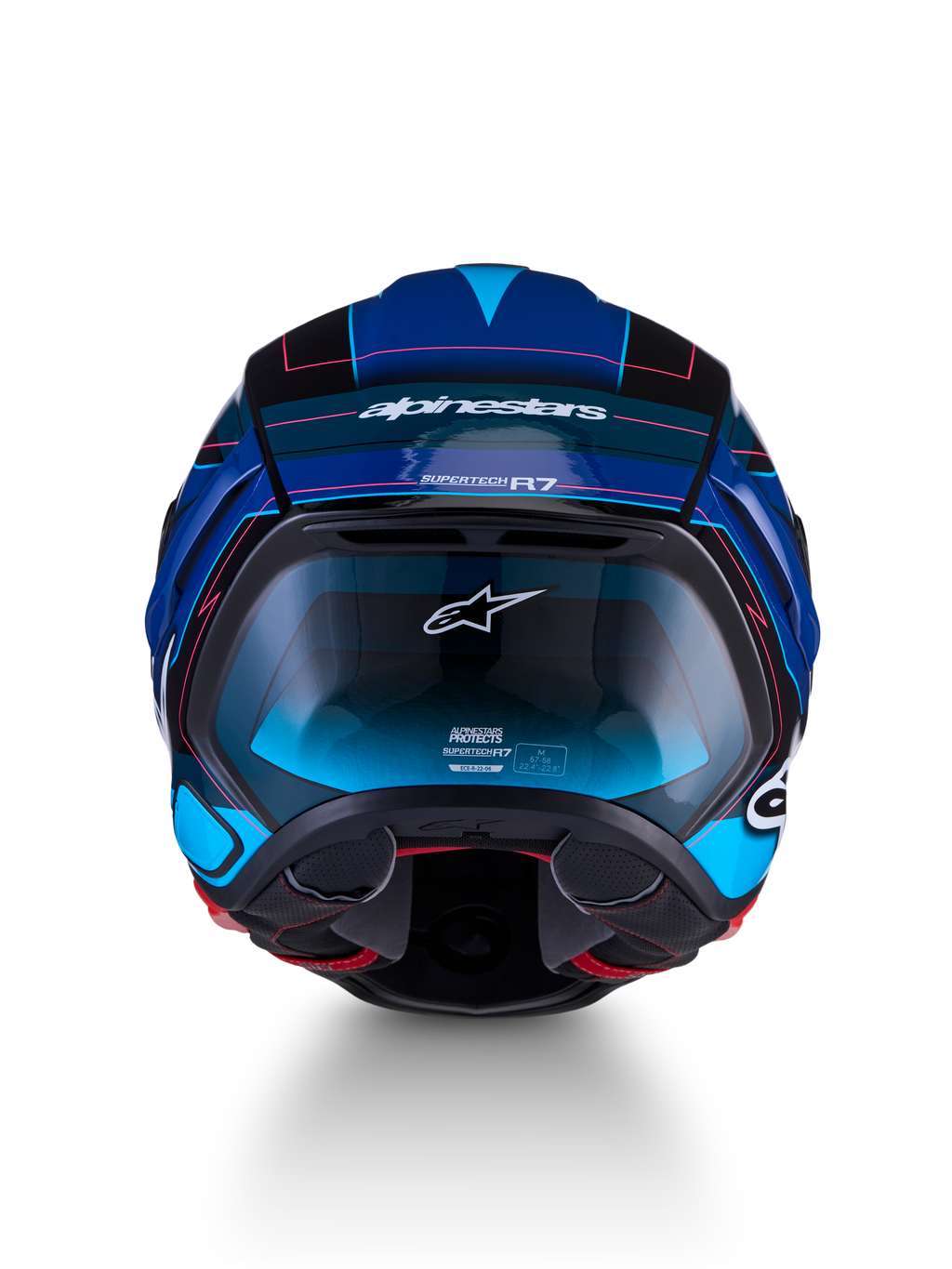 Alpinestars S-R7 Kinetis Kask ECE 22.06, motocyklowy kask szosowy, widok z tyłu w kolorze czarnym, niebieskim, różowym i białym z połyskiem, konstrukcja z włókna węglowego i aerodynamiczny design