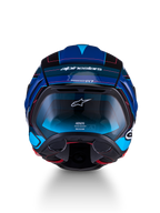 Alpinestars S-R7 Kinetis Kask ECE 22.06, motocyklowy kask szosowy, widok z tyłu w kolorze czarnym, niebieskim, różowym i białym z połyskiem, konstrukcja z włókna węglowego i aerodynamiczny design