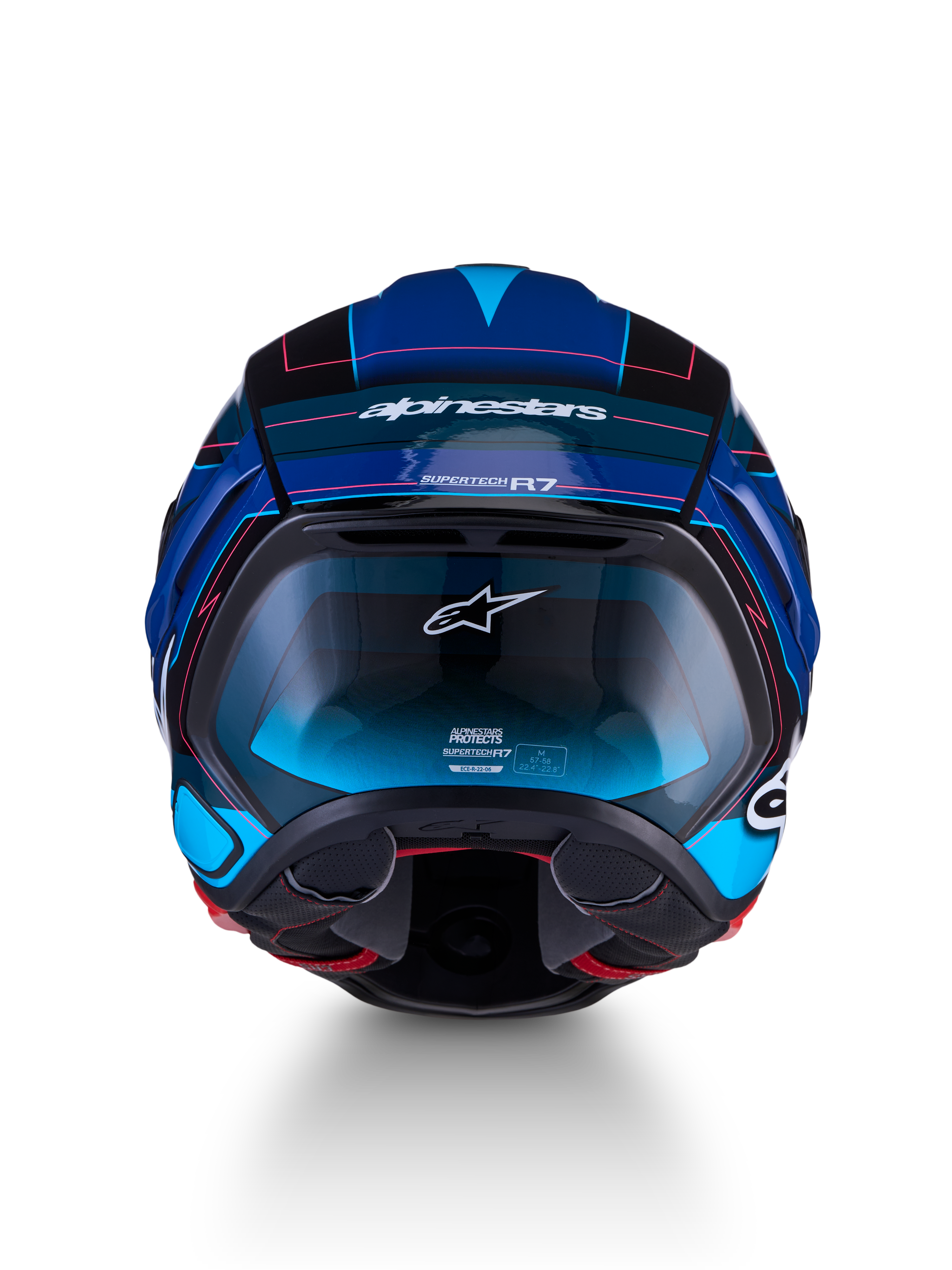 Alpinestars S-R7 Kinetis Kask ECE 22.06, motocyklowy kask szosowy, widok z tyłu w kolorze czarnym, niebieskim, różowym i białym z połyskiem, konstrukcja z włókna węglowego i aerodynamiczny design