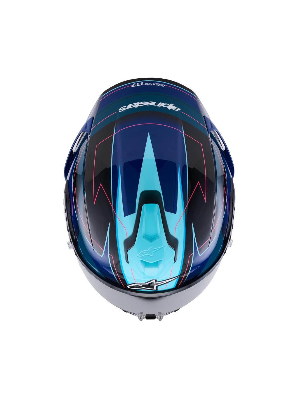 Alpinestars S-R7 Kinetis, kask motocyklowy pełny, czarny, niebieski, różowy i biały, widok z góry pokazujący aerodynamiczny design i detale graficzne, konstrukcja z kompozytu węglowego z certyfikatem ECE 22.06