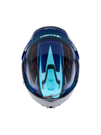 Alpinestars S-R7 Kinetis, kask motocyklowy pełny, czarny, niebieski, różowy i biały, widok z góry pokazujący aerodynamiczny design i detale graficzne, konstrukcja z kompozytu węglowego z certyfikatem ECE 22.06
