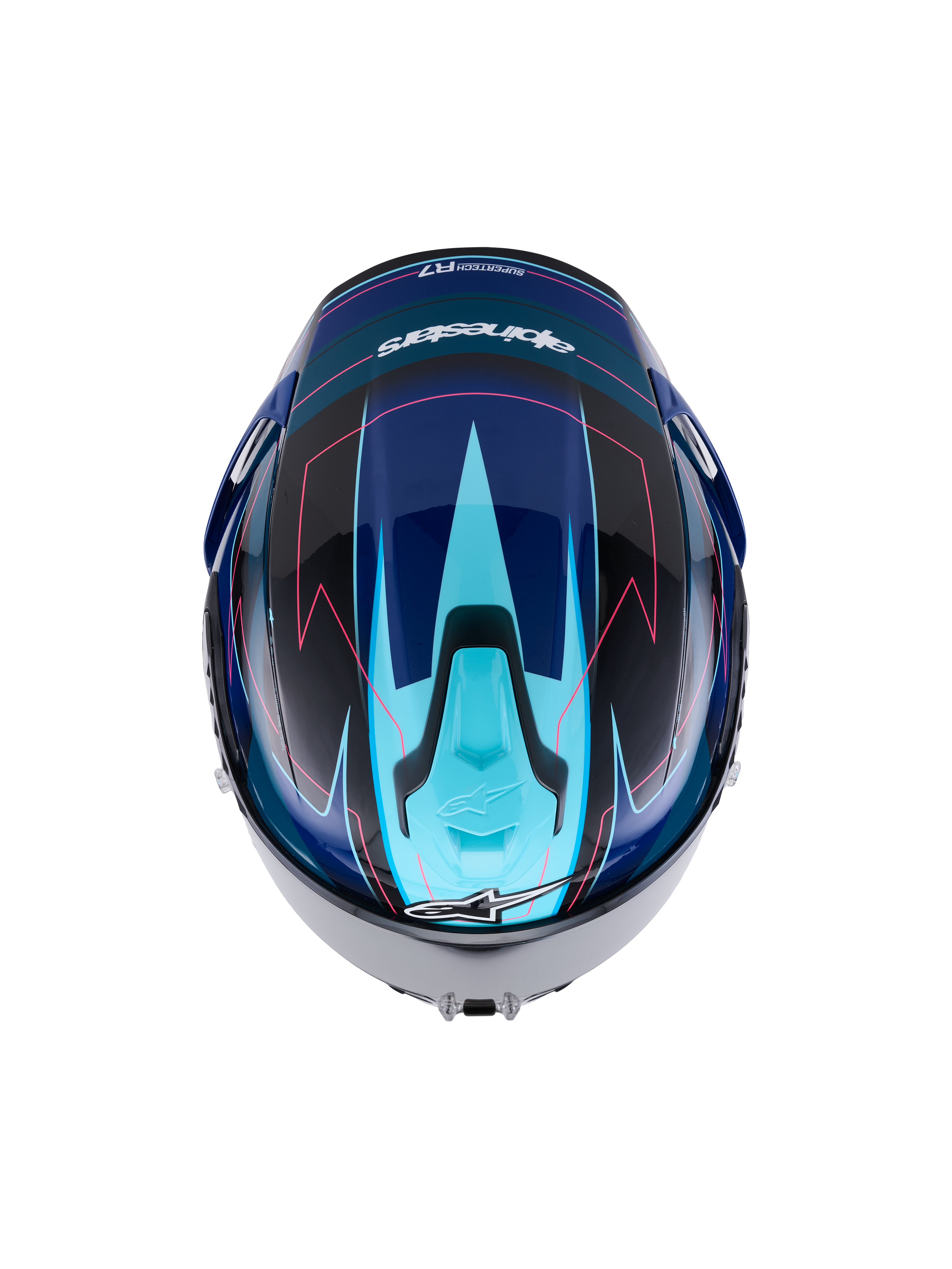 Alpinestars S-R7 Kinetis, kask motocyklowy pełny, czarny, niebieski, różowy i biały, widok z góry pokazujący aerodynamiczny design i detale graficzne, konstrukcja z kompozytu węglowego z certyfikatem ECE 22.06