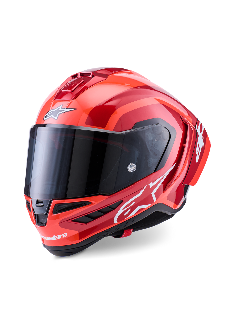 Kask Alpinestars Supertech R10 Arius, wyścigowy kask integralny, czerwono-pomarańczowy z połyskiem, z białymi logotypami Alpinestars, ciemnym przyciemnianym wizjerem, aerodynamiczną konstrukcją z kompozytu węglowego i wielopunktowym systemem chłodzenia