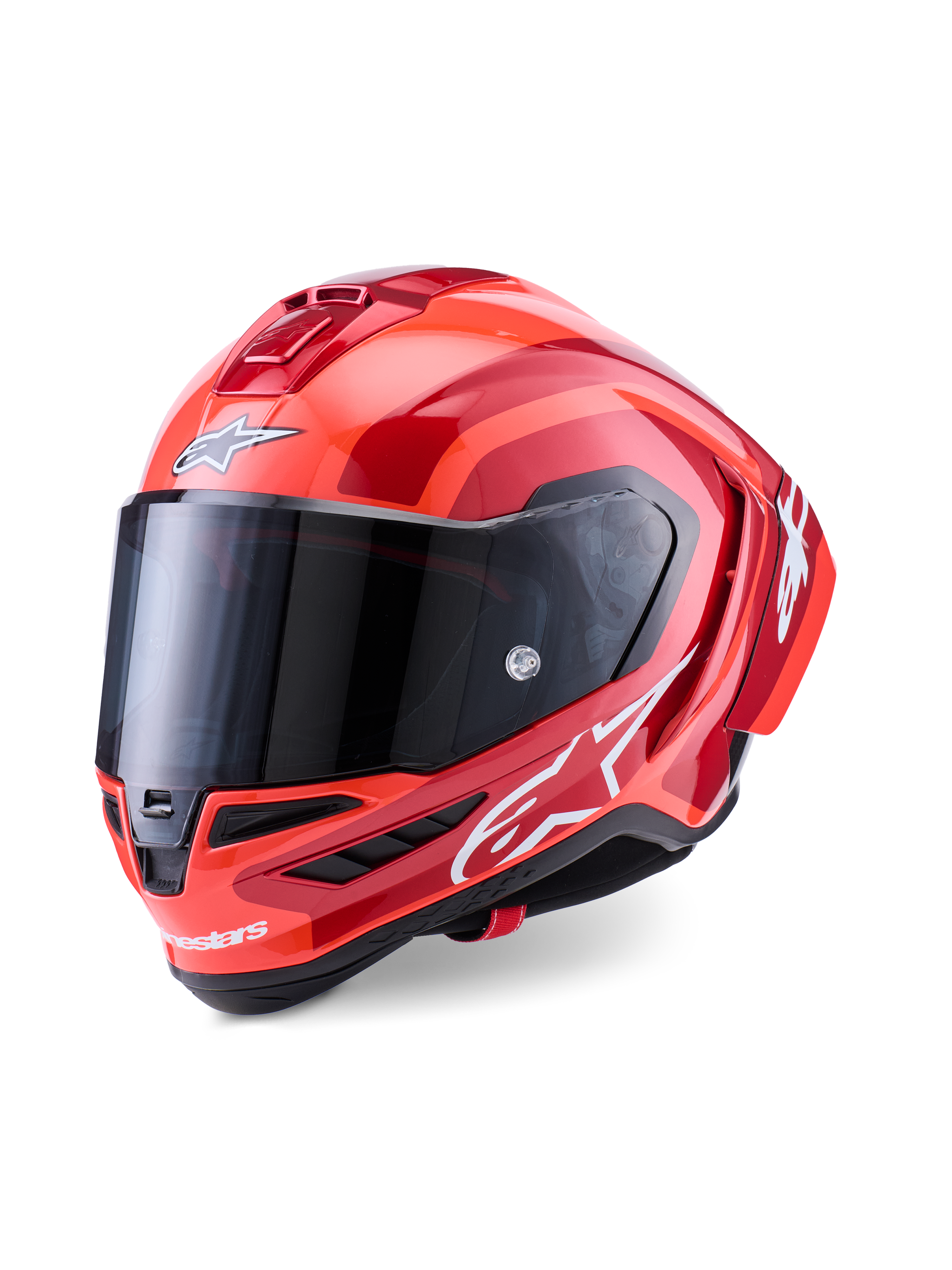 Kask Alpinestars Supertech R10 Arius, wyścigowy kask integralny, czerwono-pomarańczowy z połyskiem, z białymi logotypami Alpinestars, ciemnym przyciemnianym wizjerem, aerodynamiczną konstrukcją z kompozytu węglowego i wielopunktowym systemem chłodzenia