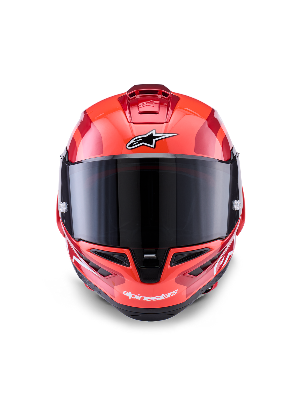 Kask Alpinestars Supertech R10 Arius, integralny kask wyścigowy, czerwony z białymi i czarnymi akcentami, widok z przodu z ciemnym dymionym wizjerem, logo Alpinestars na czole i podbródku, błyszczące wykończenie i aerodynamiczne otwory wentylacyjne