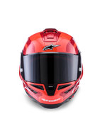 Kask Alpinestars Supertech R10 Arius, integralny kask wyścigowy, czerwony z białymi i czarnymi akcentami, widok z przodu z ciemnym dymionym wizjerem, logo Alpinestars na czole i podbródku, błyszczące wykończenie i aerodynamiczne otwory wentylacyjne