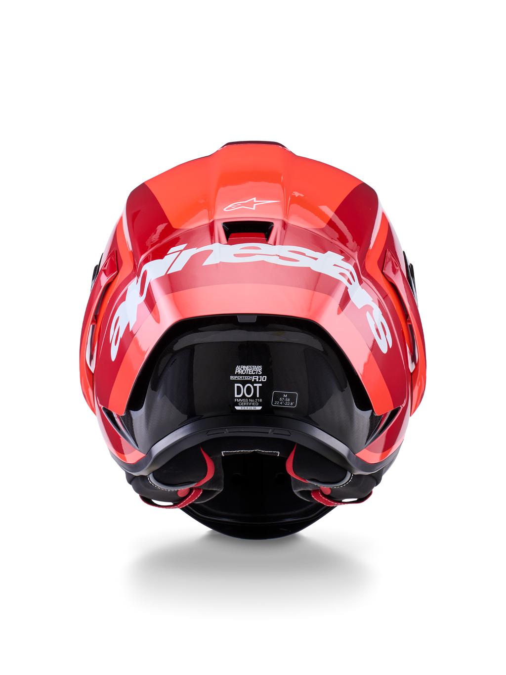 Kask Alpinestars Supertech R10 Arius, widok z tyłu, błyszczący czerwony i ciemnoczerwony design, duży biały napis Alpinestars z tyłu, widoczne etykiety certyfikacji DOT i ECE, wysokowydajny aerodynamiczny kask wyścigowy