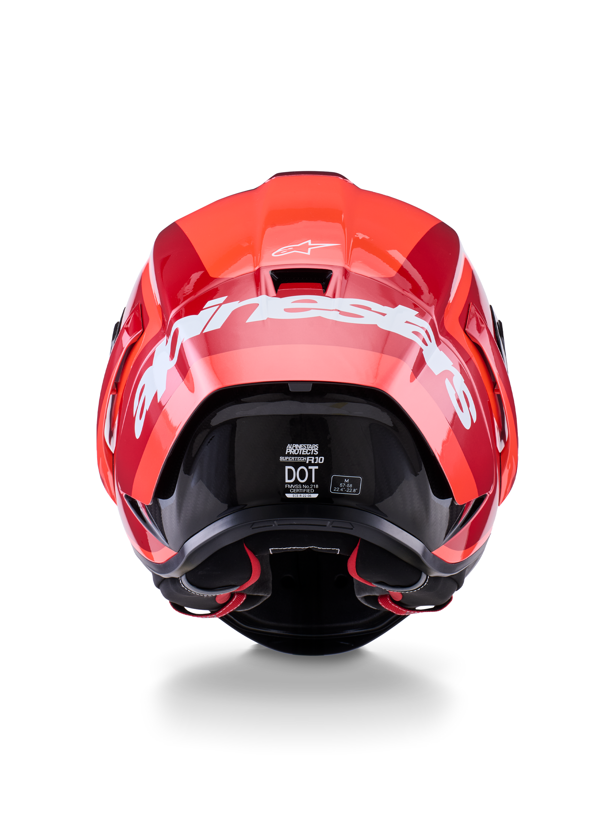 Alpinestars Supertech R10 Arius Helmet, Rear View, Glossy Red and Dark Red design, Large white Alpinestars wordmark across the back, DOT and ECE certification labels visible, high-performance aerodynamic racing helmet