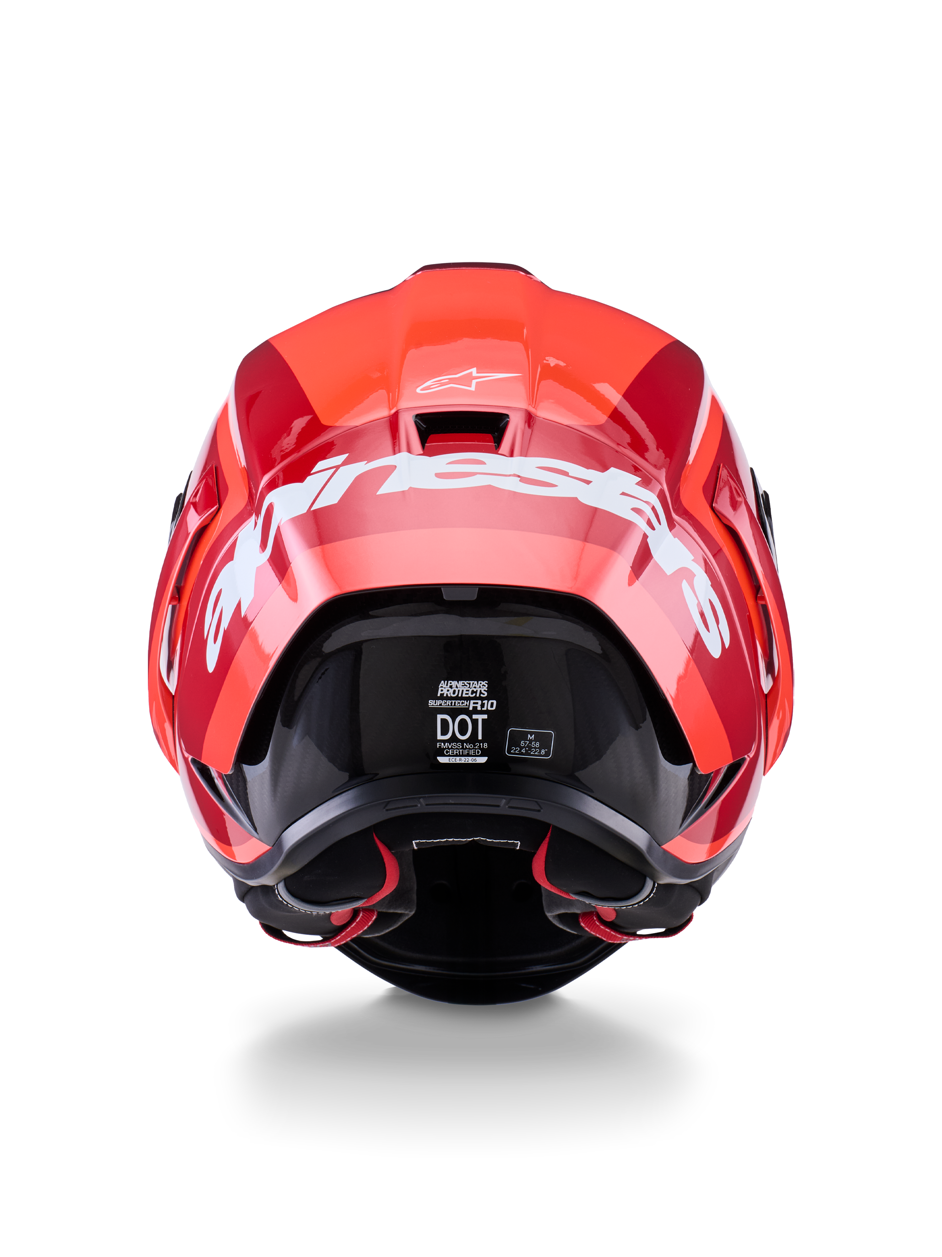 Kask Alpinestars Supertech R10 Arius, widok z tyłu, błyszczący czerwony i ciemnoczerwony design, duży biały napis Alpinestars z tyłu, widoczne etykiety certyfikacji DOT i ECE, wysokowydajny aerodynamiczny kask wyścigowy