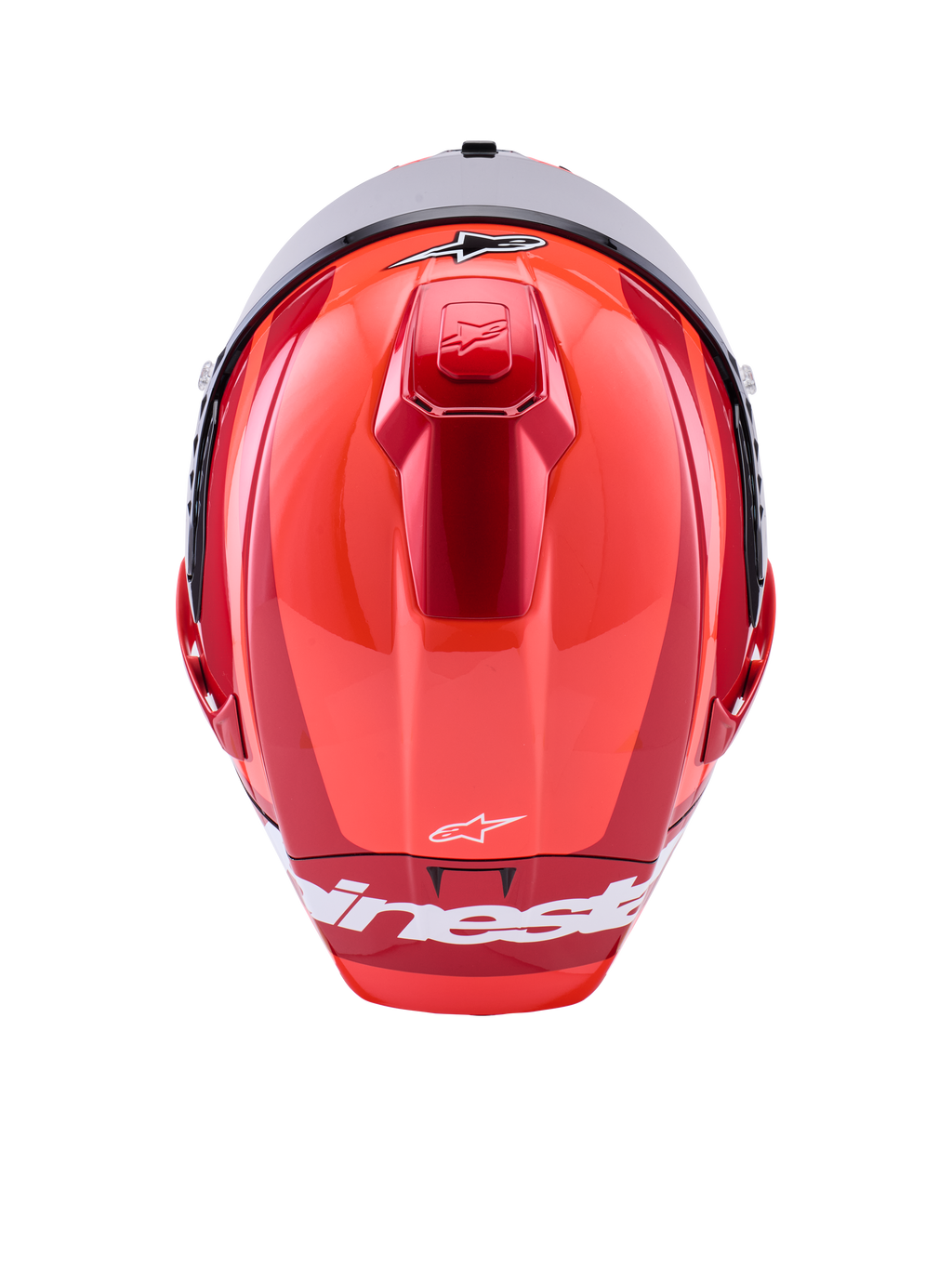 Alpinestars Supertech R10 Arius Helmet, wyścigowy kask integralny, czerwony z połyskiem z białymi akcentami, widok z góry ukazujący aerodynamiczne kontury skorupy, białe logo Alpinestars i zintegrowaną górną wentylację